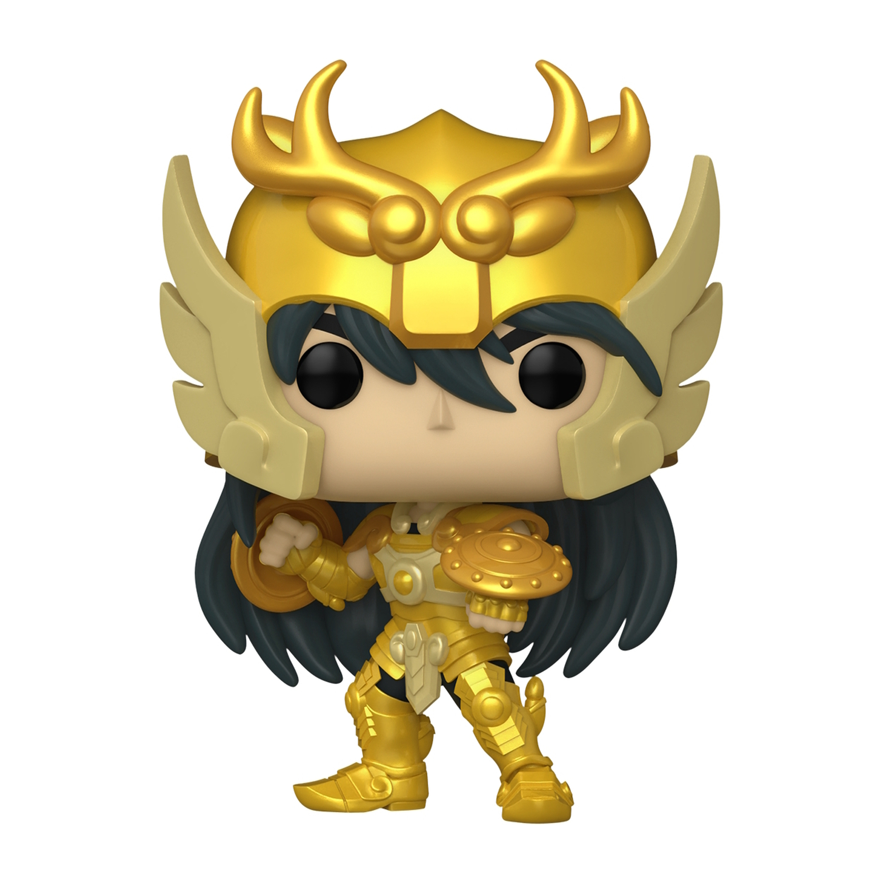 Figurina Funko Pop di un personaggio dorato di Saint Seiya, con armatura dorata e lunghi capelli scuri.