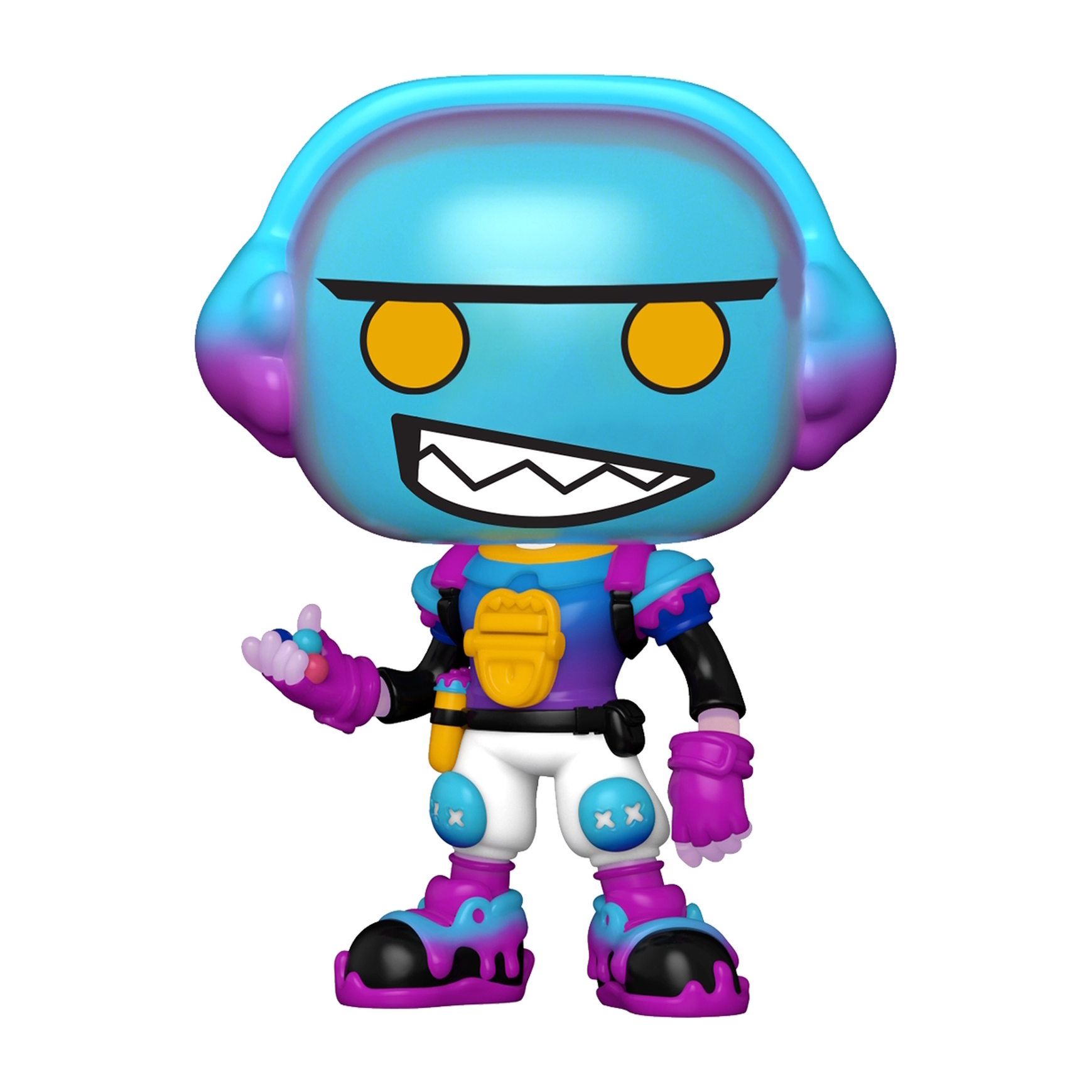 Funko Pop! Figur einer blauen Figur mit Kopfhörern. Hat gelbe Augen und weiße Zähne.