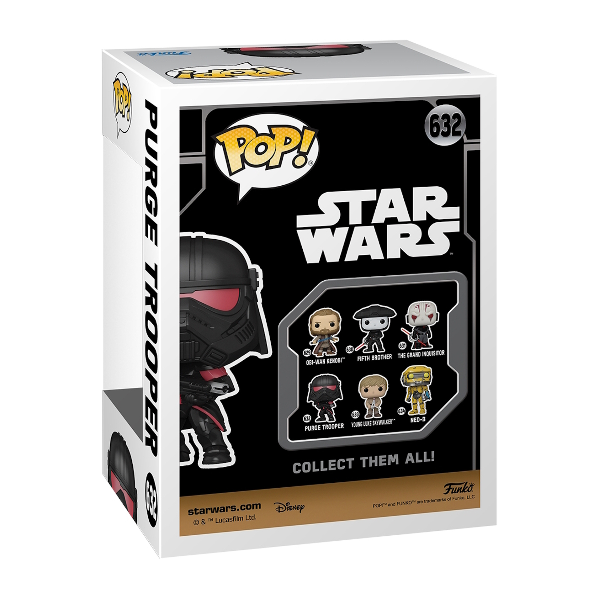Una scatola Funko Pop per un Purge Trooper. La scatola è bianca con immagini di personaggi di Star Wars. Lo sfondo è bianco.