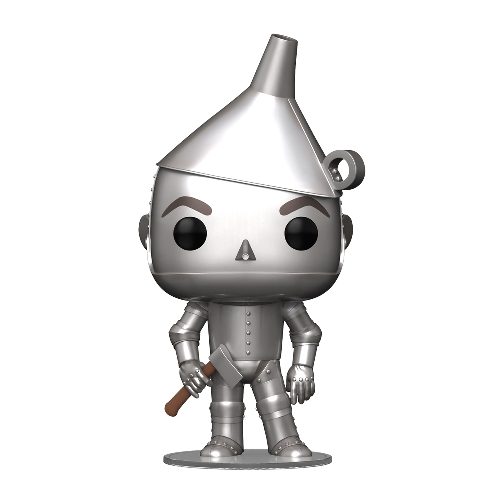 Figura de Tin Man Funko Pop con traje de metal plateado, sosteniendo un hacha.