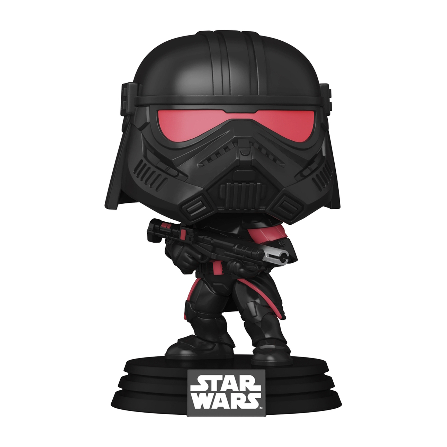 Figurina nera di Star Wars con visiera rossa e dettagli, che tiene un'arma, su base nera.