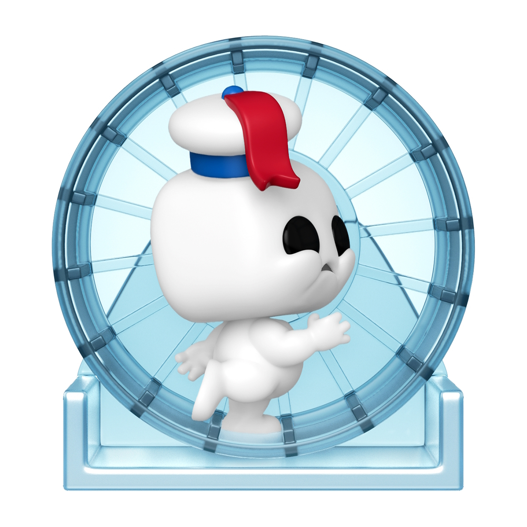 Biała zabawka Stay Puft Marshmallow Man w niebieskim kole dla chomika.
