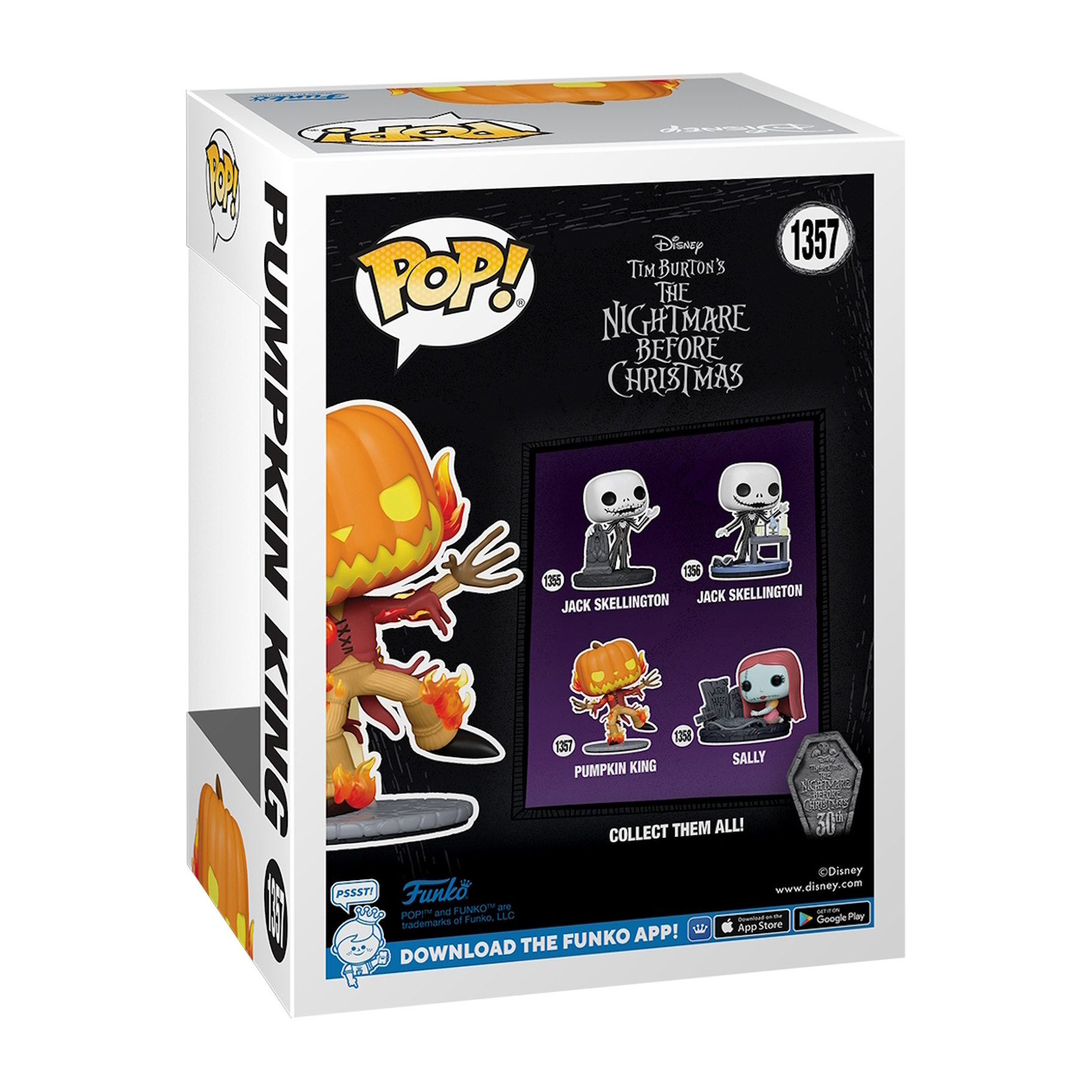 Retro di una scatola Funko Pop. Mostra Pumpkin King da The Nightmare Before Christmas.