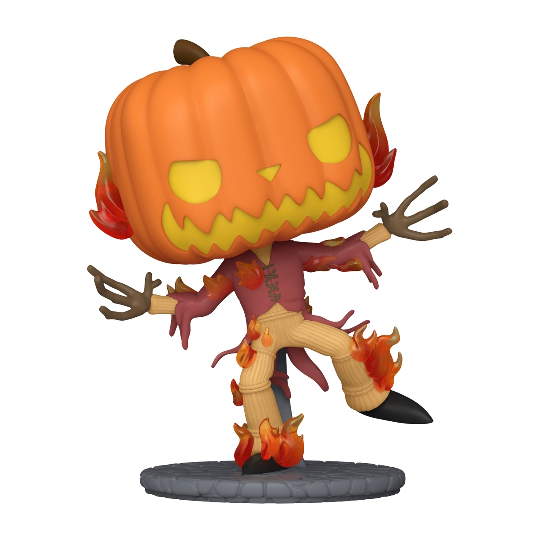 Un personaggio Funko Pop di uno spaventapasseri con testa di zucca, dettagli di fuoco.