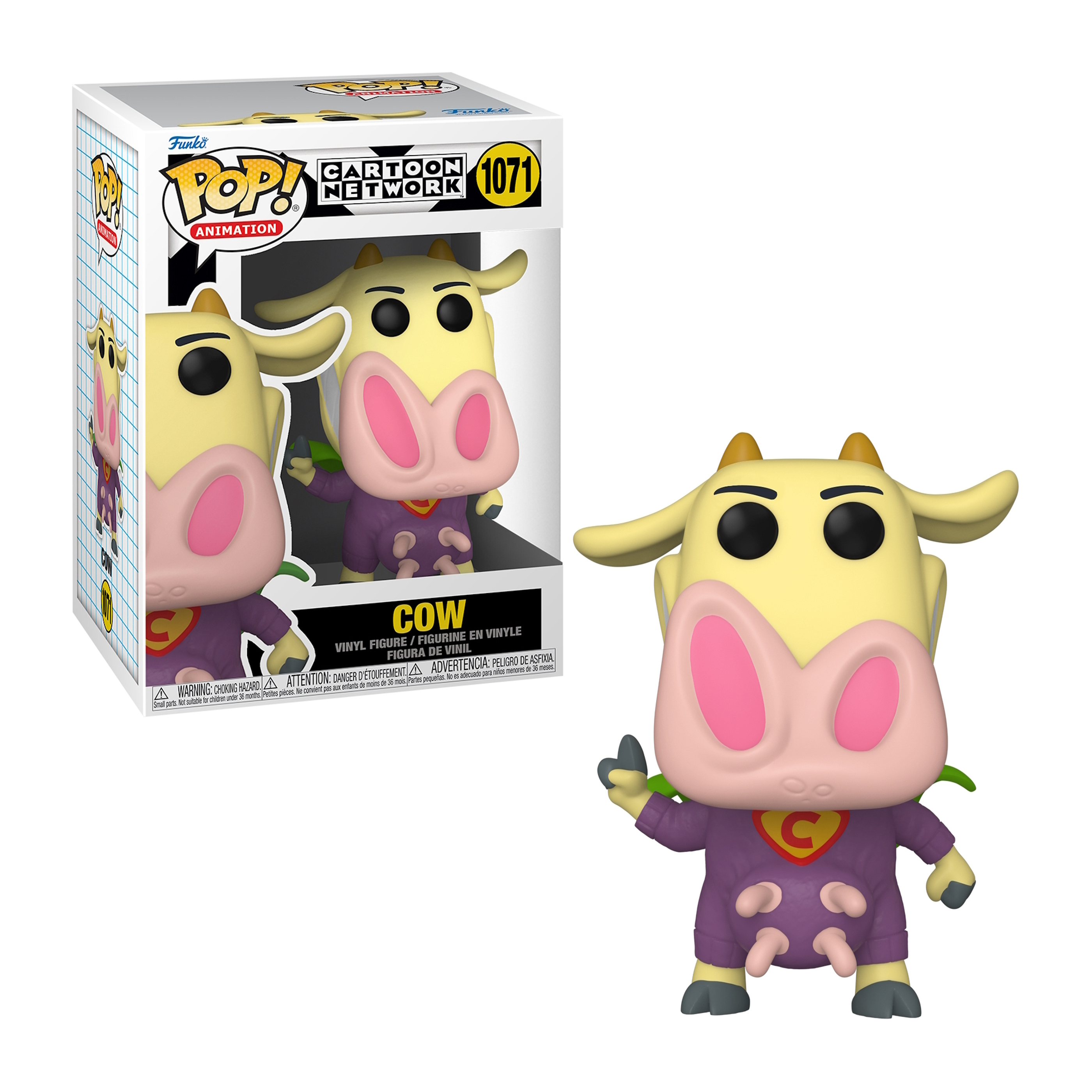 Eine Funko Pop Figur einer Cartoon-Kuh im Superhelden-Outfit, mit Box und Hintergrund.