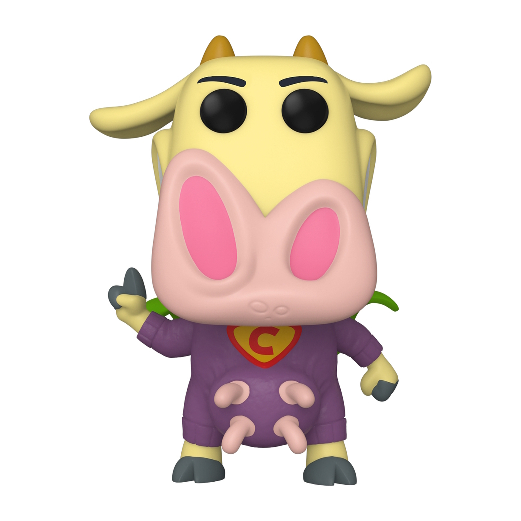 Eine Funko Pop Kuhfigur in einem lila Outfit, Superhelden-Symbol. Gelber Kopf, rosa Nase und schwarze Augen.
