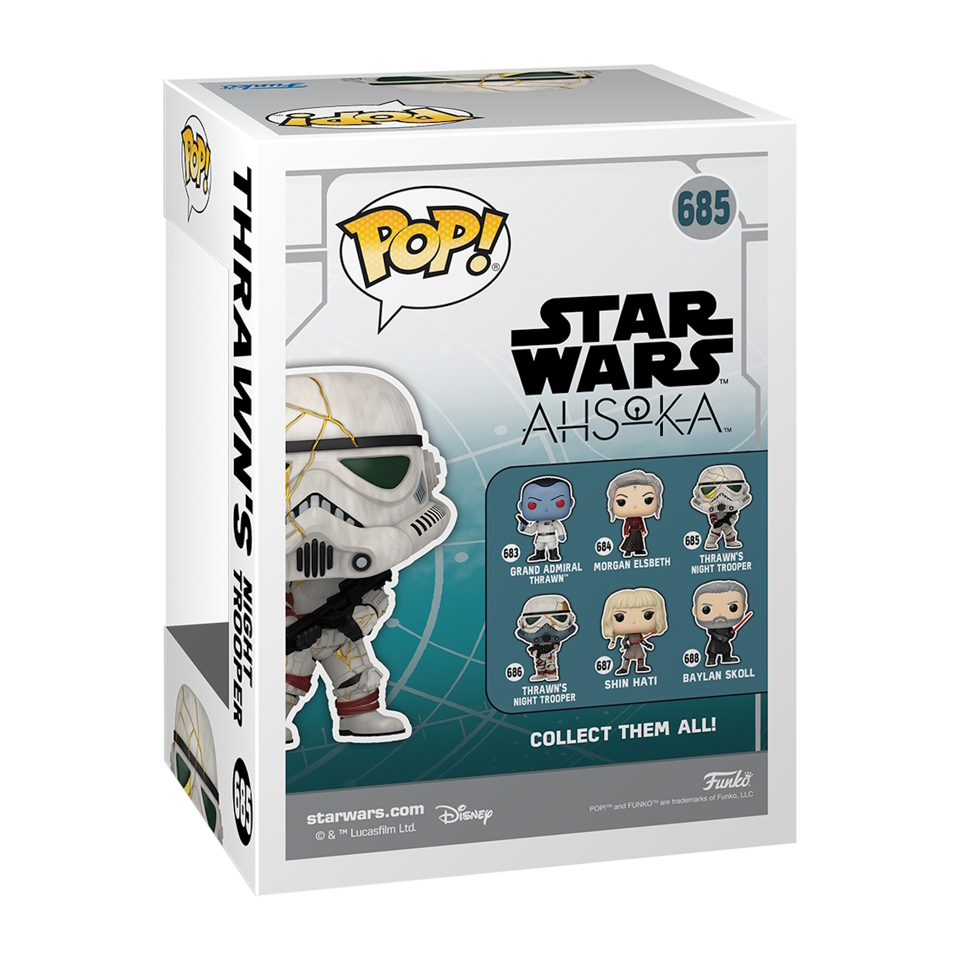 Białe pudełko z logo Star Wars i figurkami w środku. Tekst i obrazy.