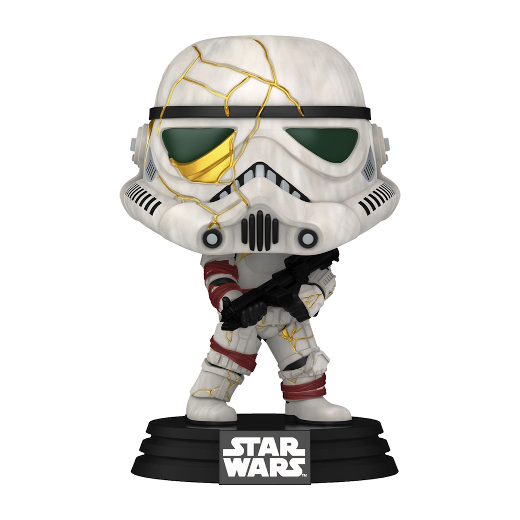 Figurka Funko Pop z Gwiezdnych Wojen. Szturmowiec ze złotymi pęknięciami i czarnym blasterem. Czarna podstawa.