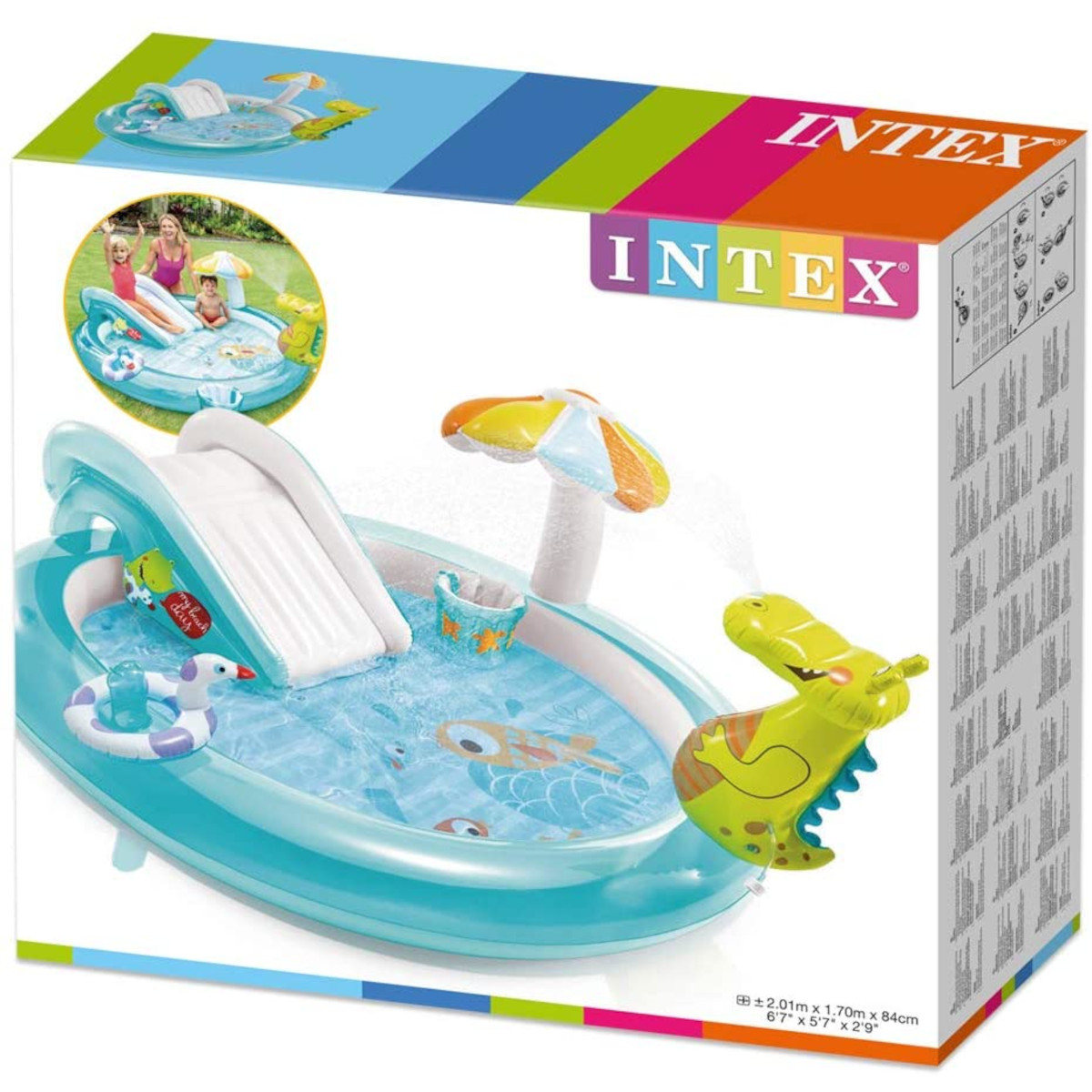 Pudełko basenu dmuchanego Intex ze zjeżdżalnią, parasolem i różnymi akcesoriami basenowymi.