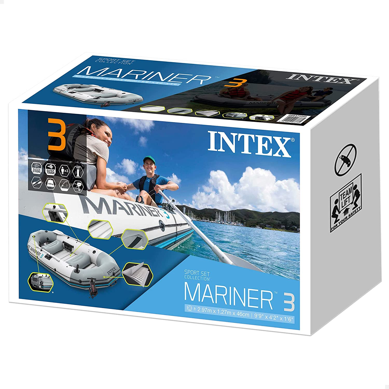 Schlauchboot in einer Box, mit Bildern von Leuten beim Bootfahren und Produktdetails.