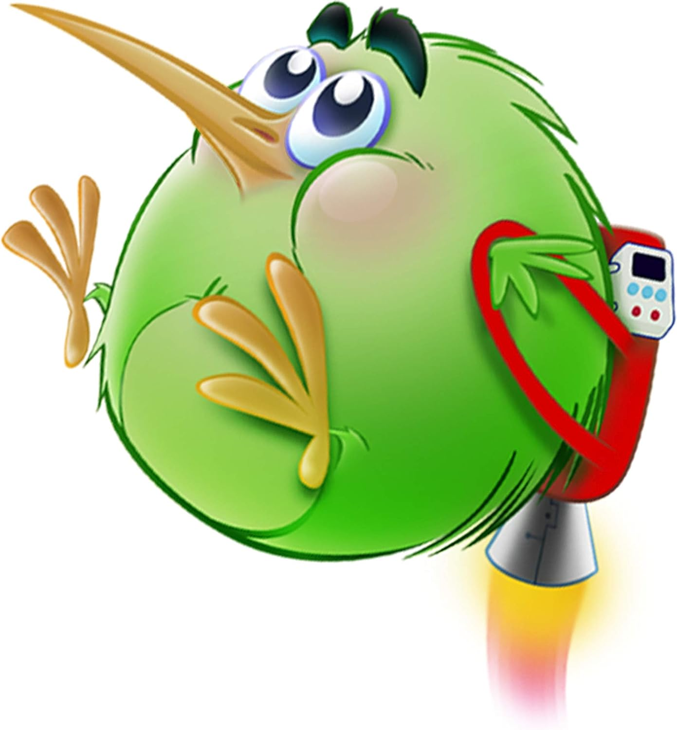 Grüner Kiwi-Vogel-Charakter mit Jetpack, fliegt nach rechts.
