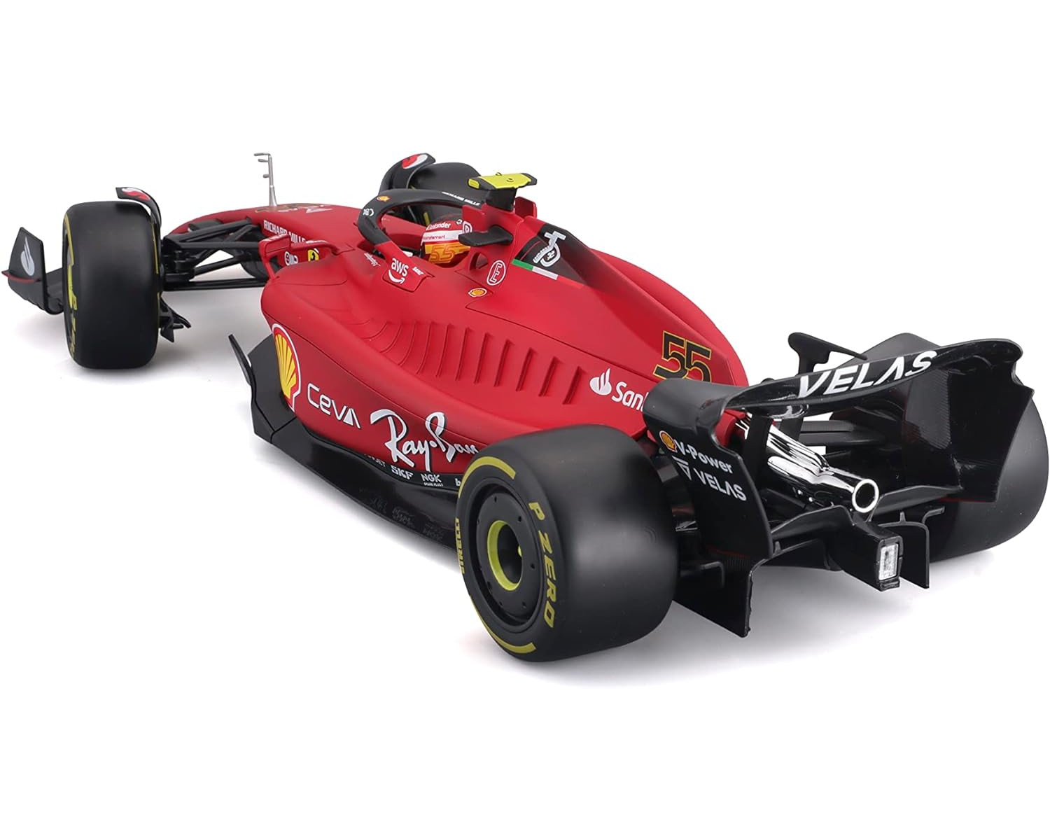 Rotes Formel-1-Rennwagenmodell mit schwarzen Details und gelben Felgen.