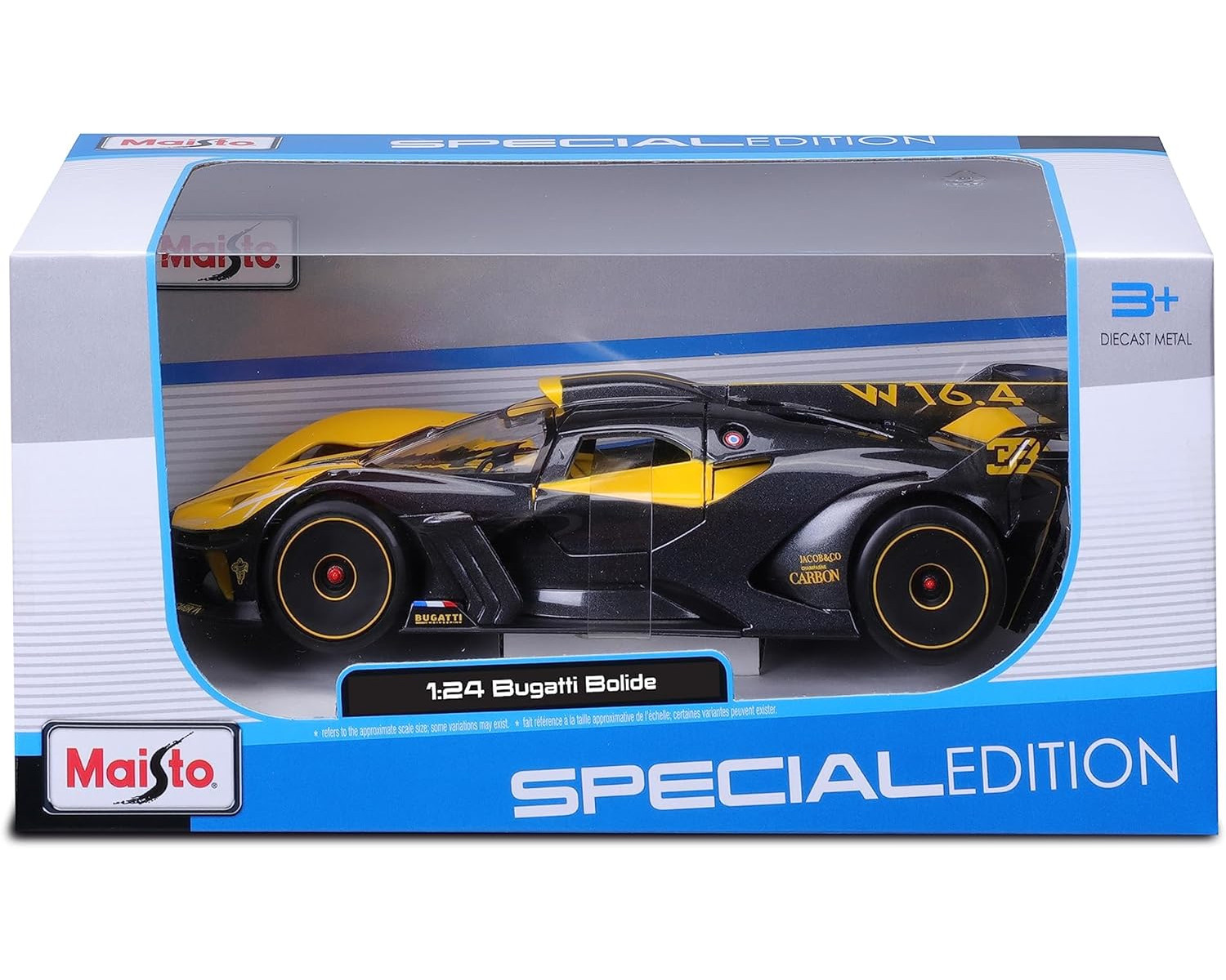 Bugatti Bolide Modellauto in einer Box, schwarz-gelbes Design.