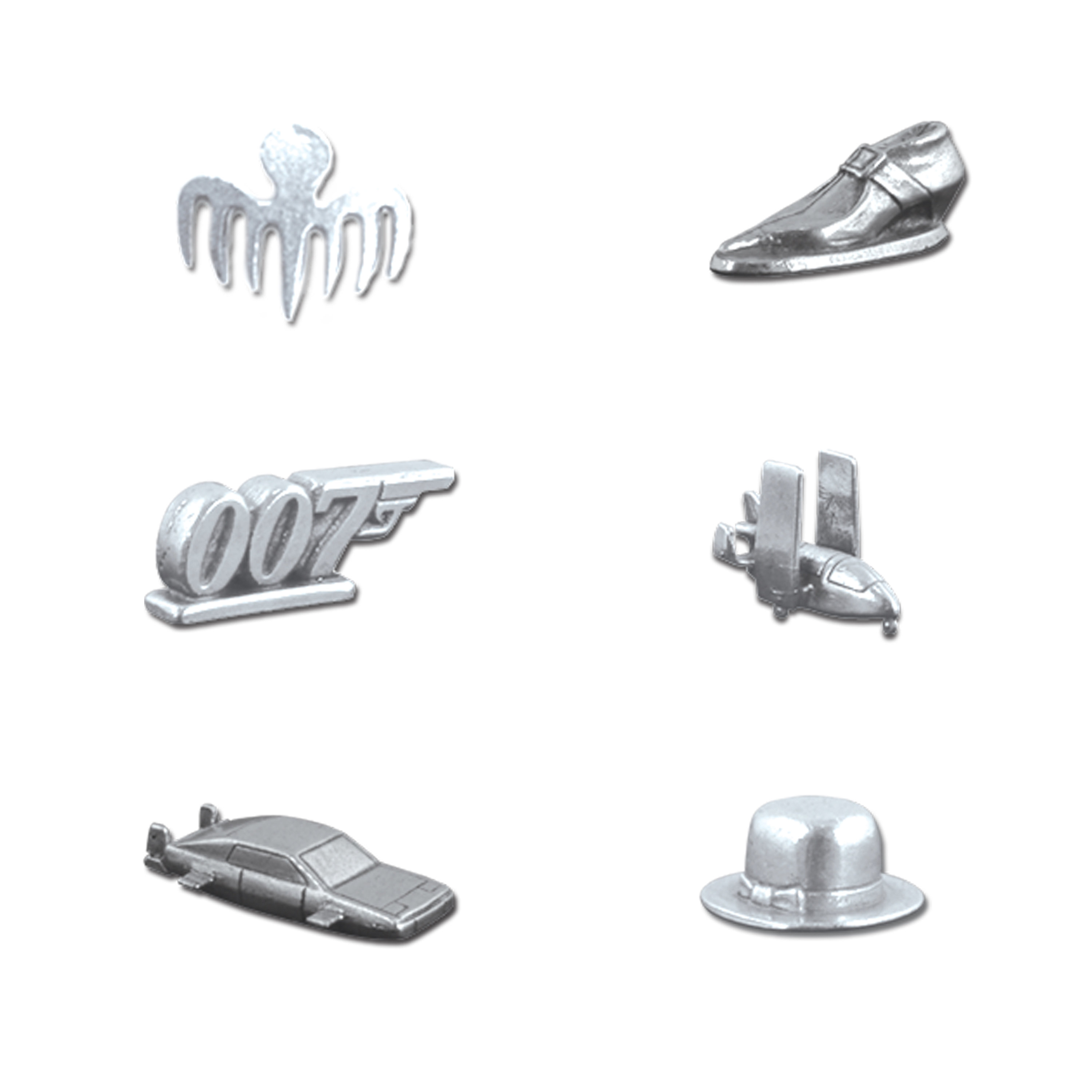 Monopoly-Spielsteine: Haar, Schuh, 007, Flugzeug, Auto und Hut.