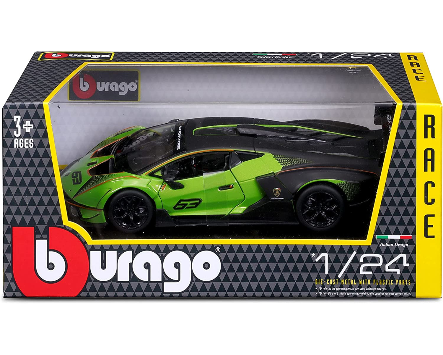 Zabawkowy samochód w pudełku. Zielone i czarne Lamborghini z 63 z boku.