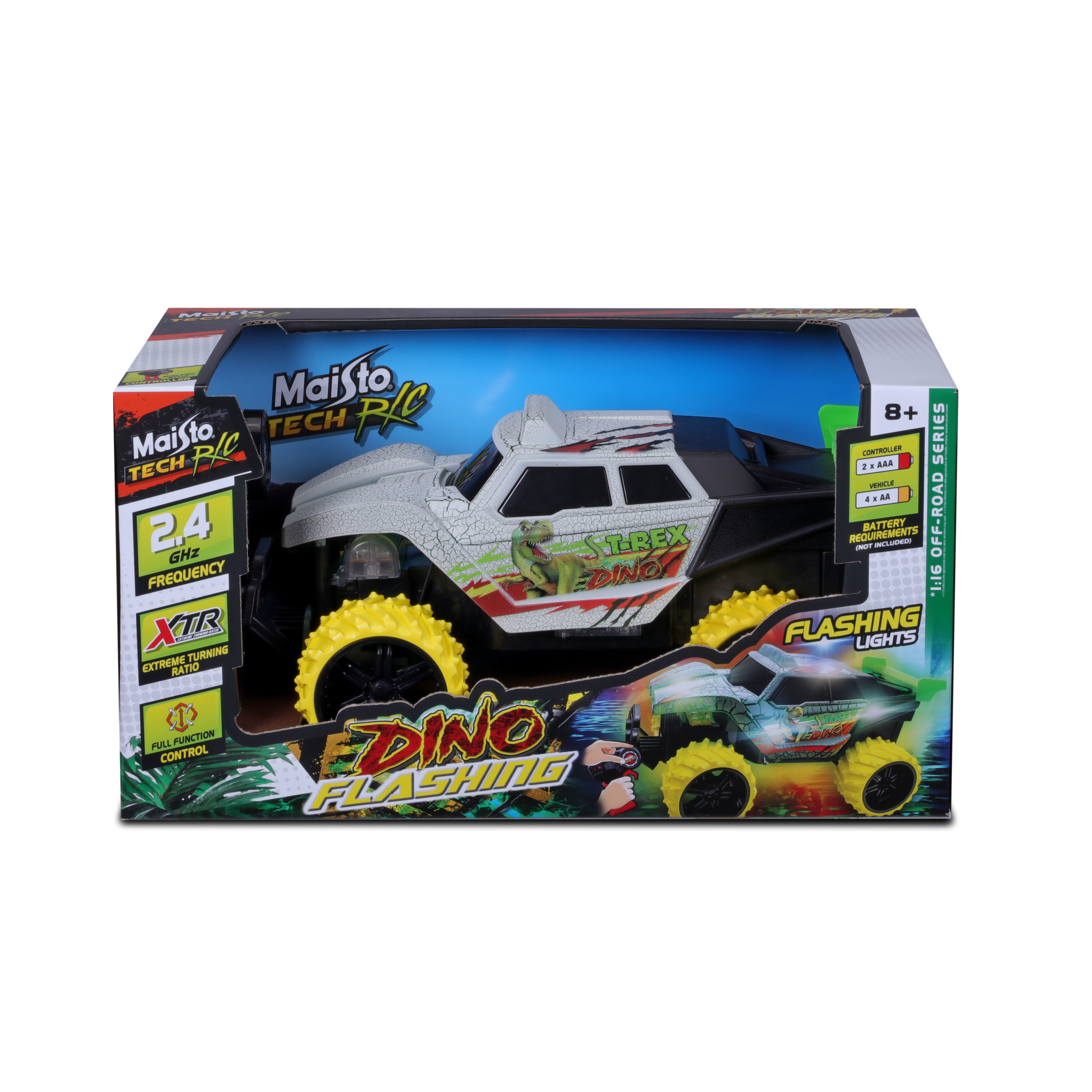 Spielzeugauto in Box. Weißes und schwarzes Auto, gelbe Räder. Text: Dino, Flashing Lights, Maisto Tech R/C.