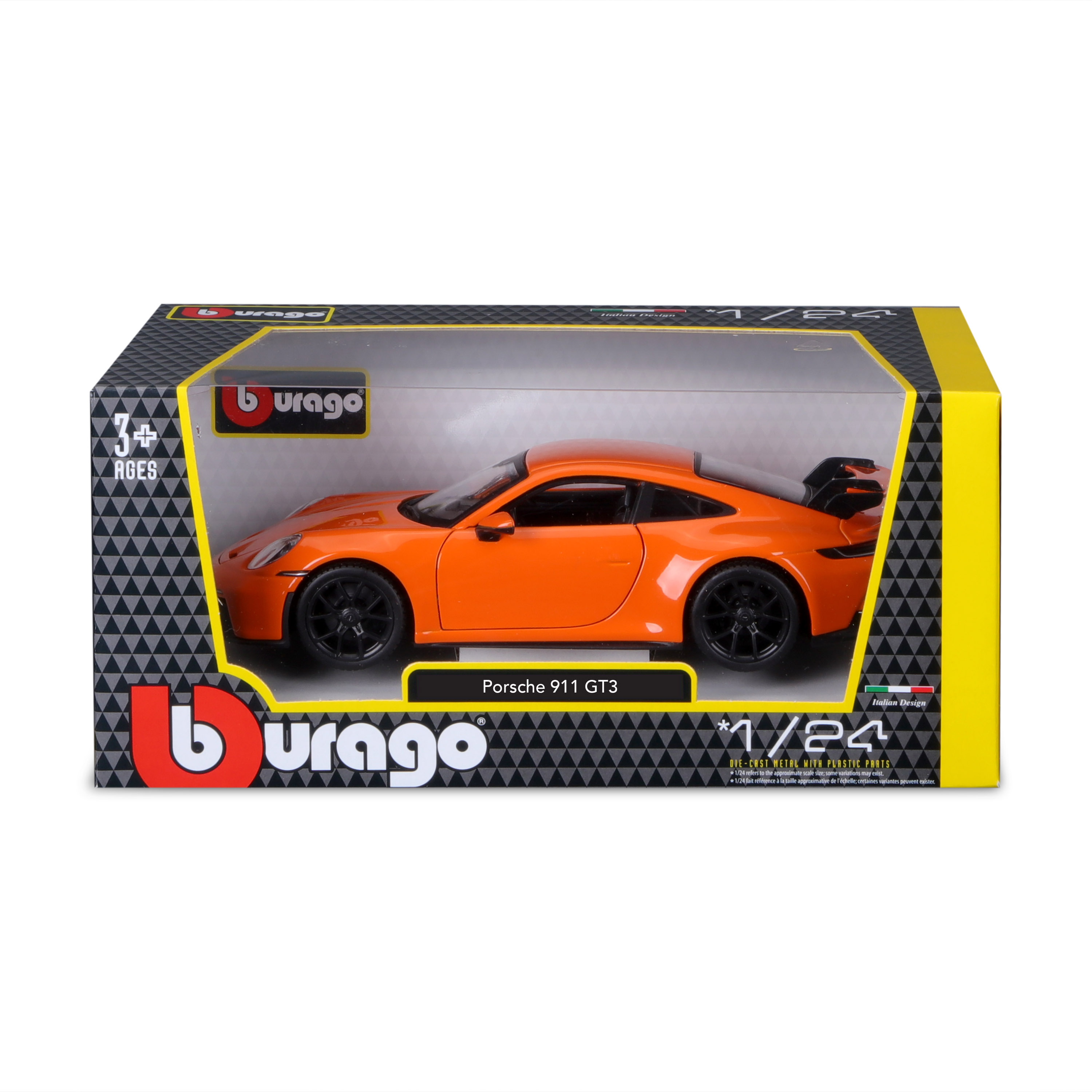 Orangenes Spielzeugauto in einer Schachtel. Das Modell ist Porsche 911 GT3. Es ist 1/24.