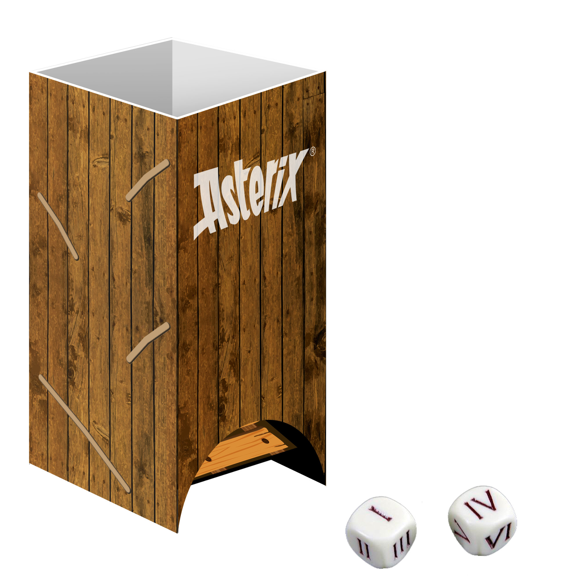 Holzkiste mit Asterix-Logo, zwei Würfel mit den Zahlen I, IV.