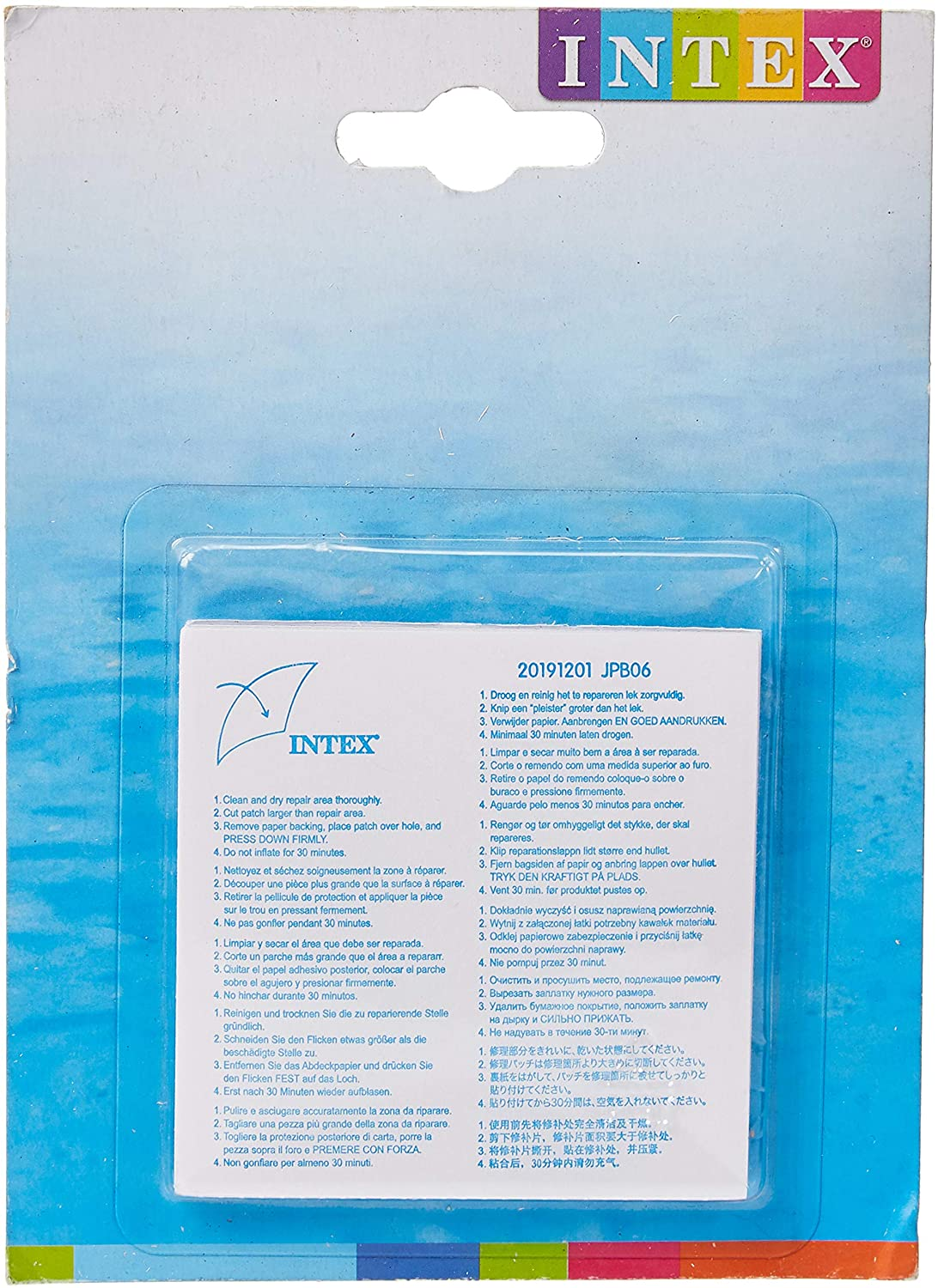 Reparaturset für aufblasbare Produkte, mit Anleitung. Hintergrund ist eine blau-weiße Verpackung.