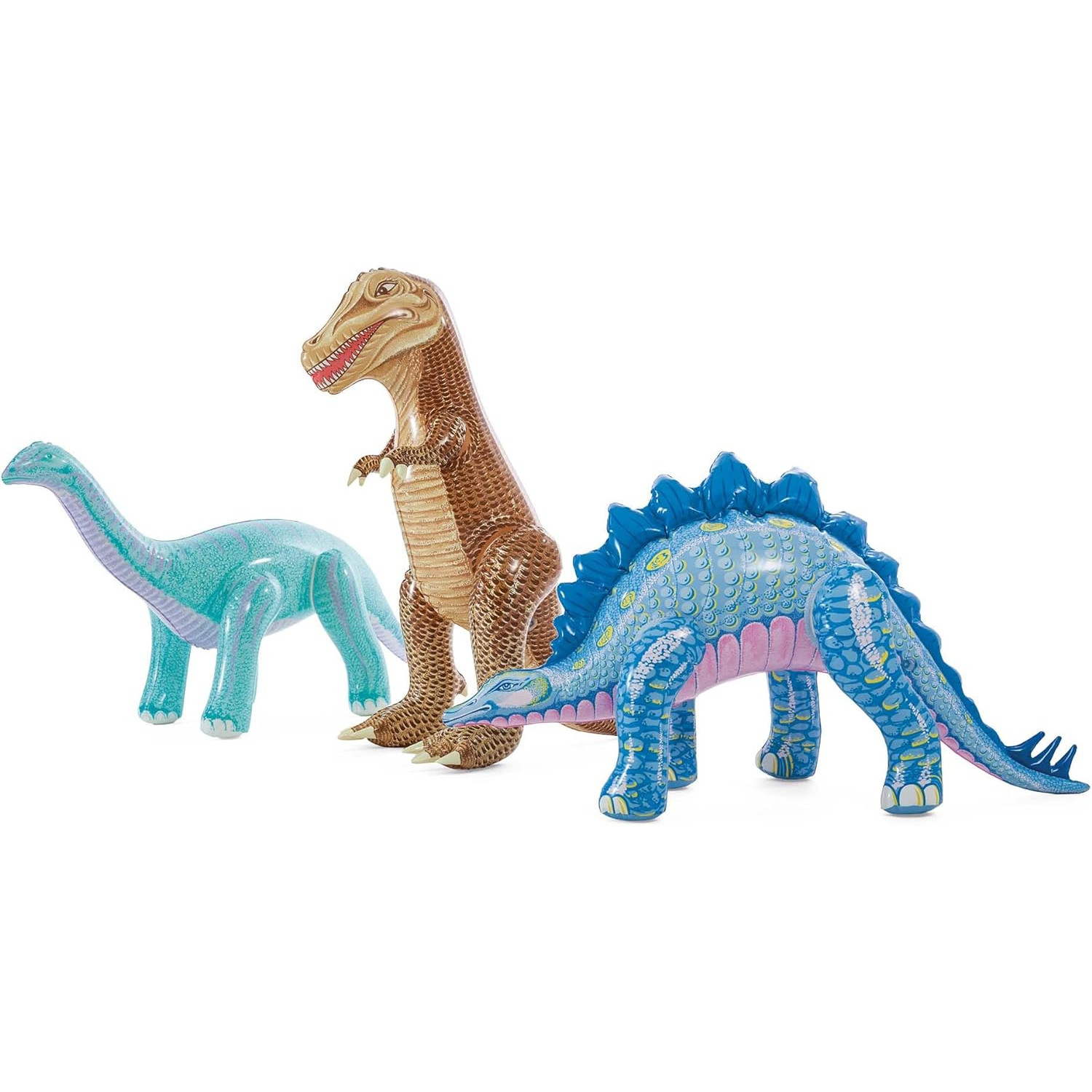 Tre dinosauri gonfiabili: un Brachiosaurus verde, un T-Rex marrone e uno Stegosauro blu. Tutto su sfondo bianco.