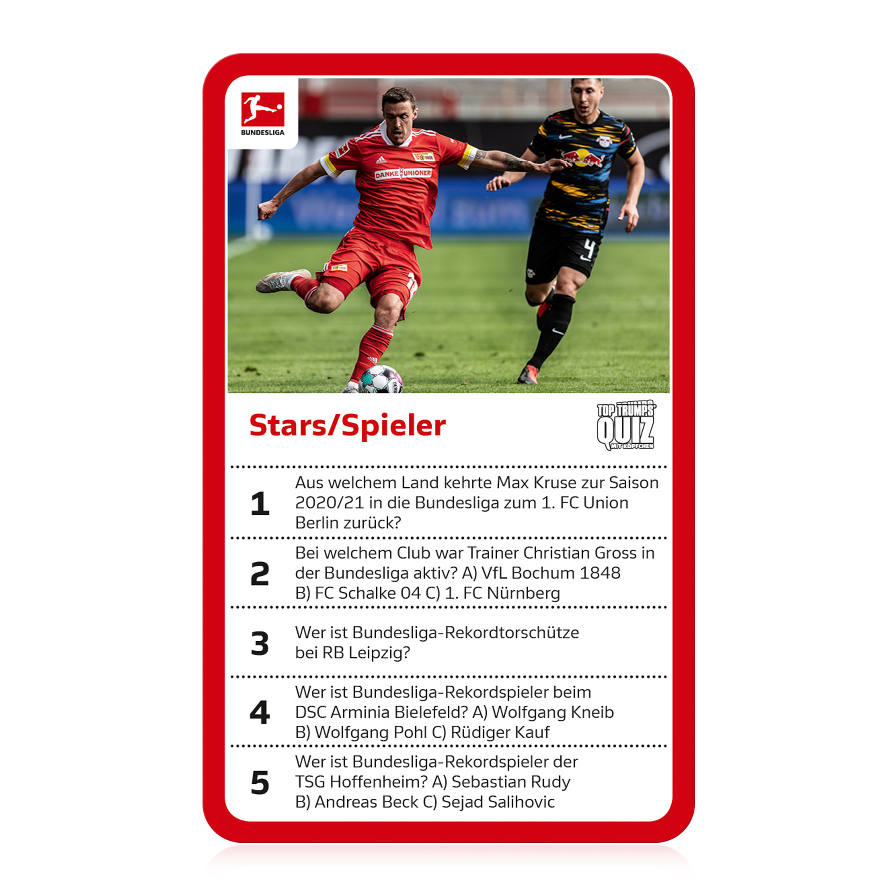 Eine Sammelkarte mit Fußballspielern. Text und Fragen zur Bundesliga und Spielernamen.