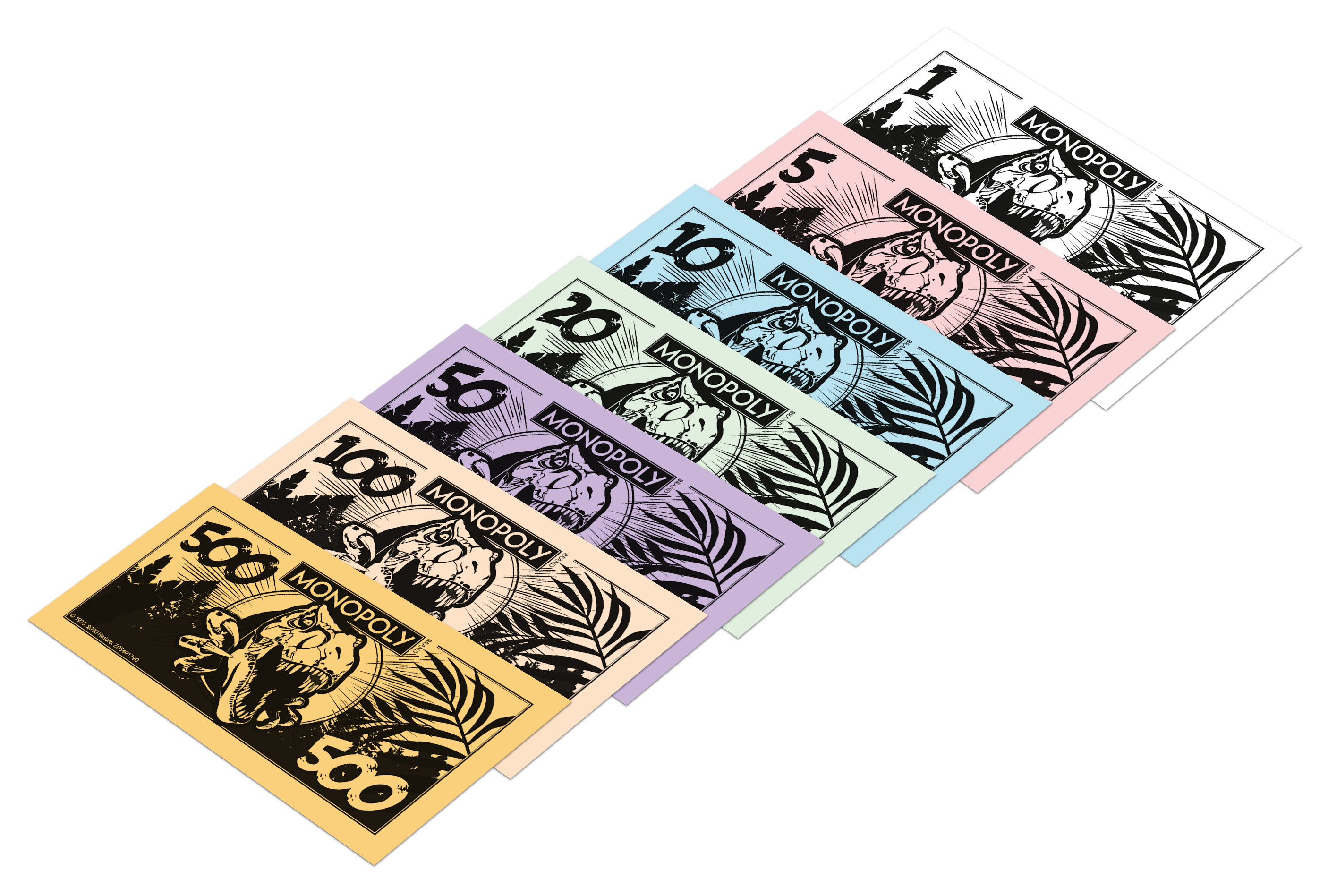 Monopoly-Geld in verschiedenen Stückelungen, in einer Reihe angeordnet.
