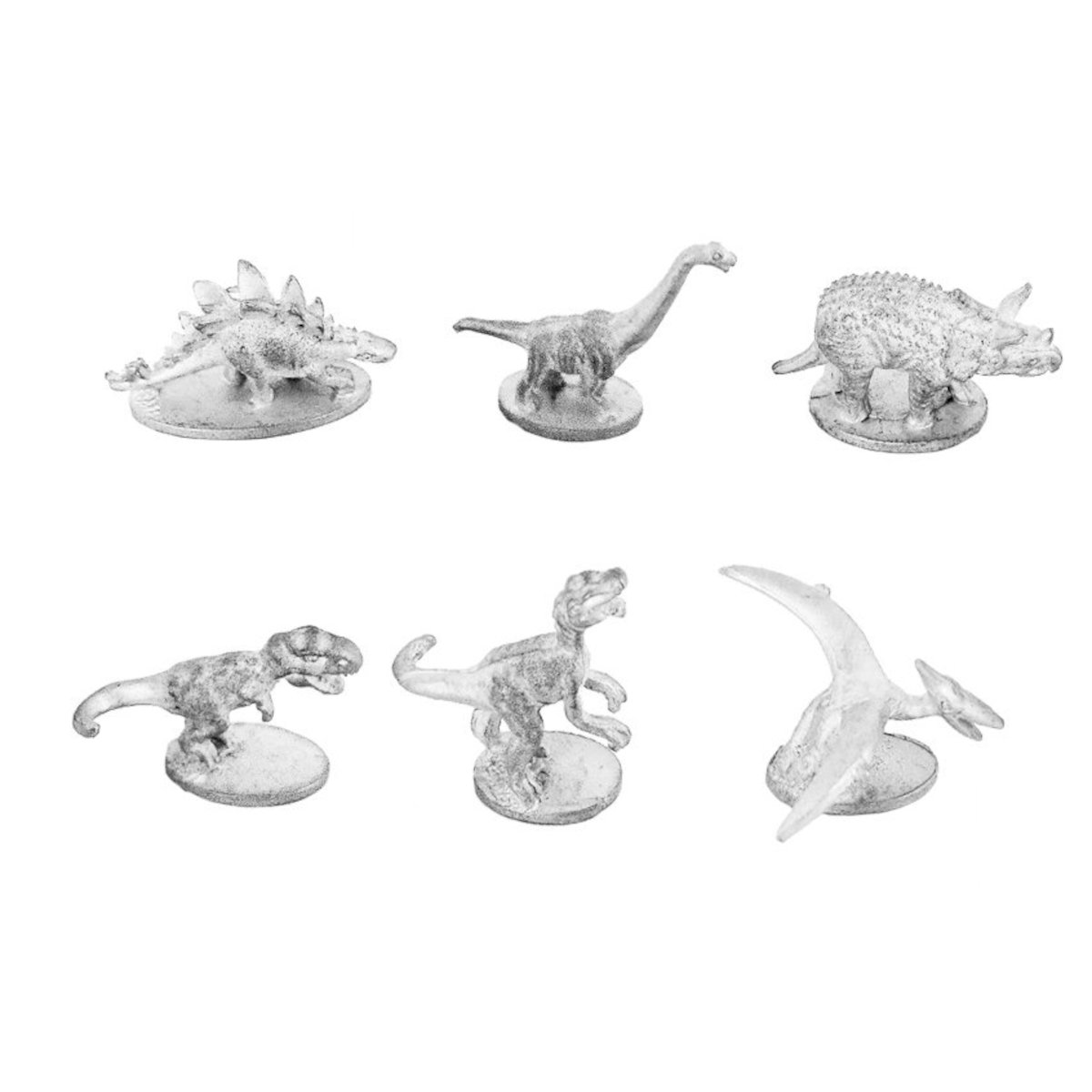 Sechs silberne Dinosaurierfiguren auf Weiß. Enthält einen Stegosaurus, Brontosaurus, Triceratops, T-Rex und Pterodactyl.