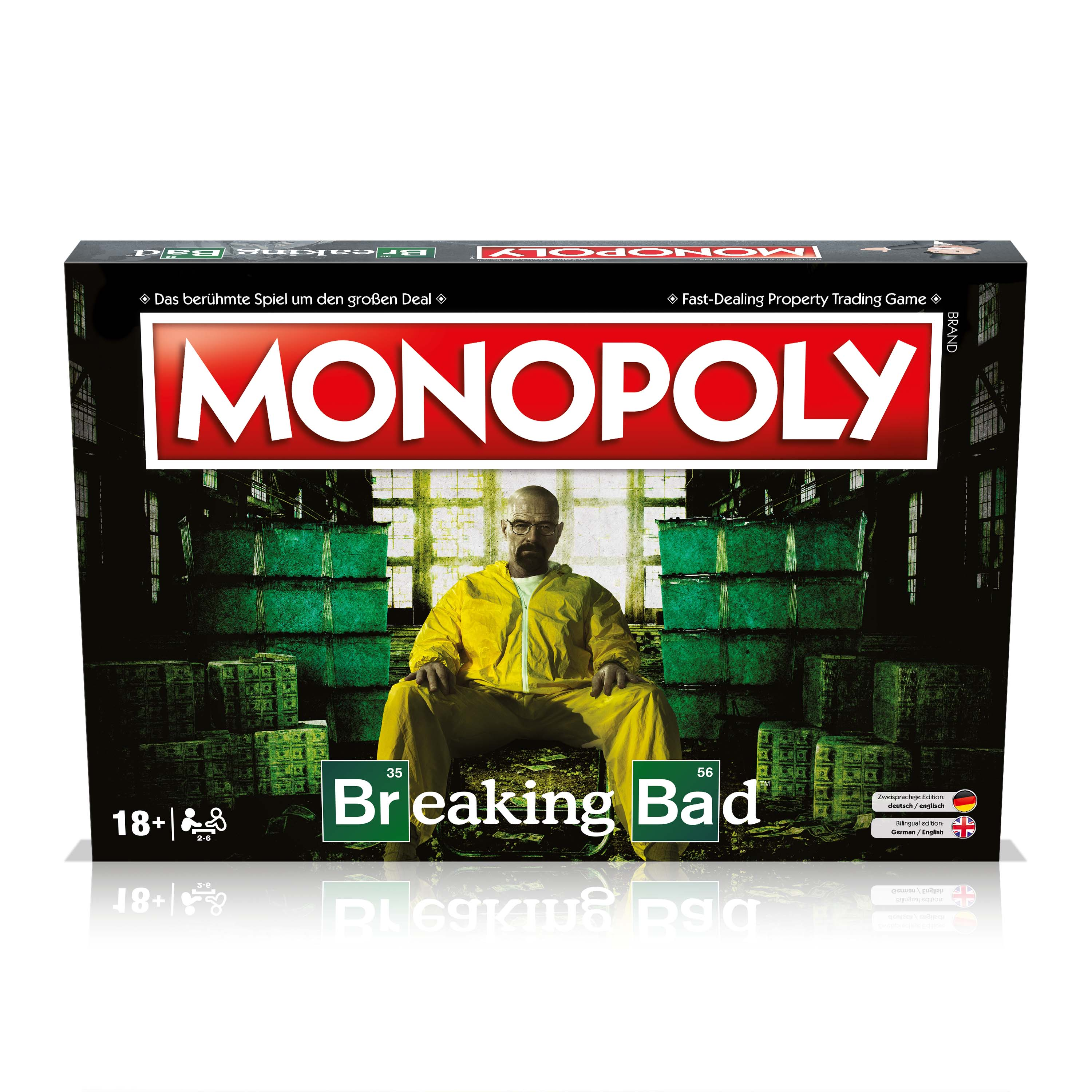 Monopoly: Breaking Bad Brettspiel-Box mit Walter White im gelben Anzug.