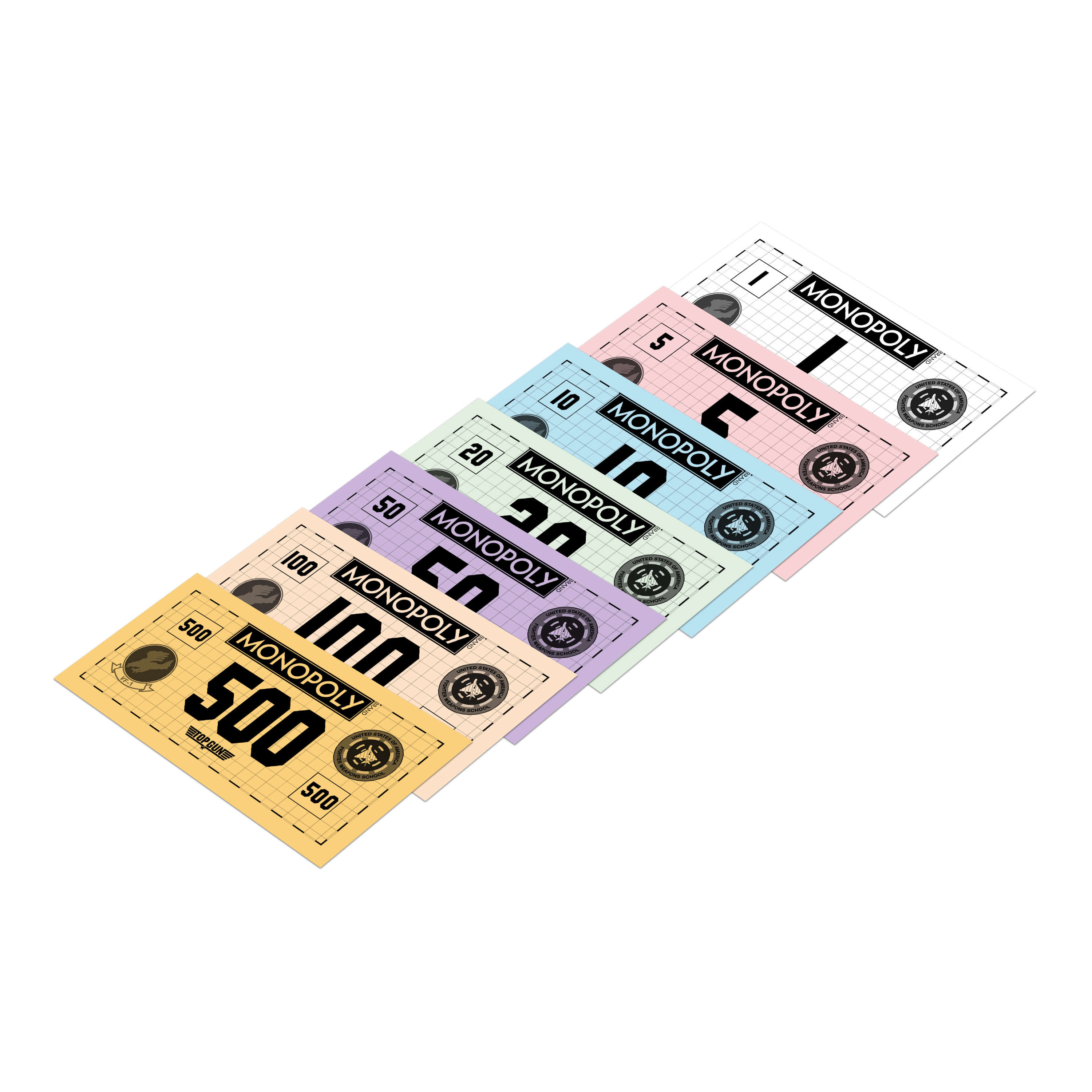 Monopoly-Geld diagonal angeordnet, Stückelungen von 1 bis 500 in verschiedenen Pastellfarben auf Weiß.