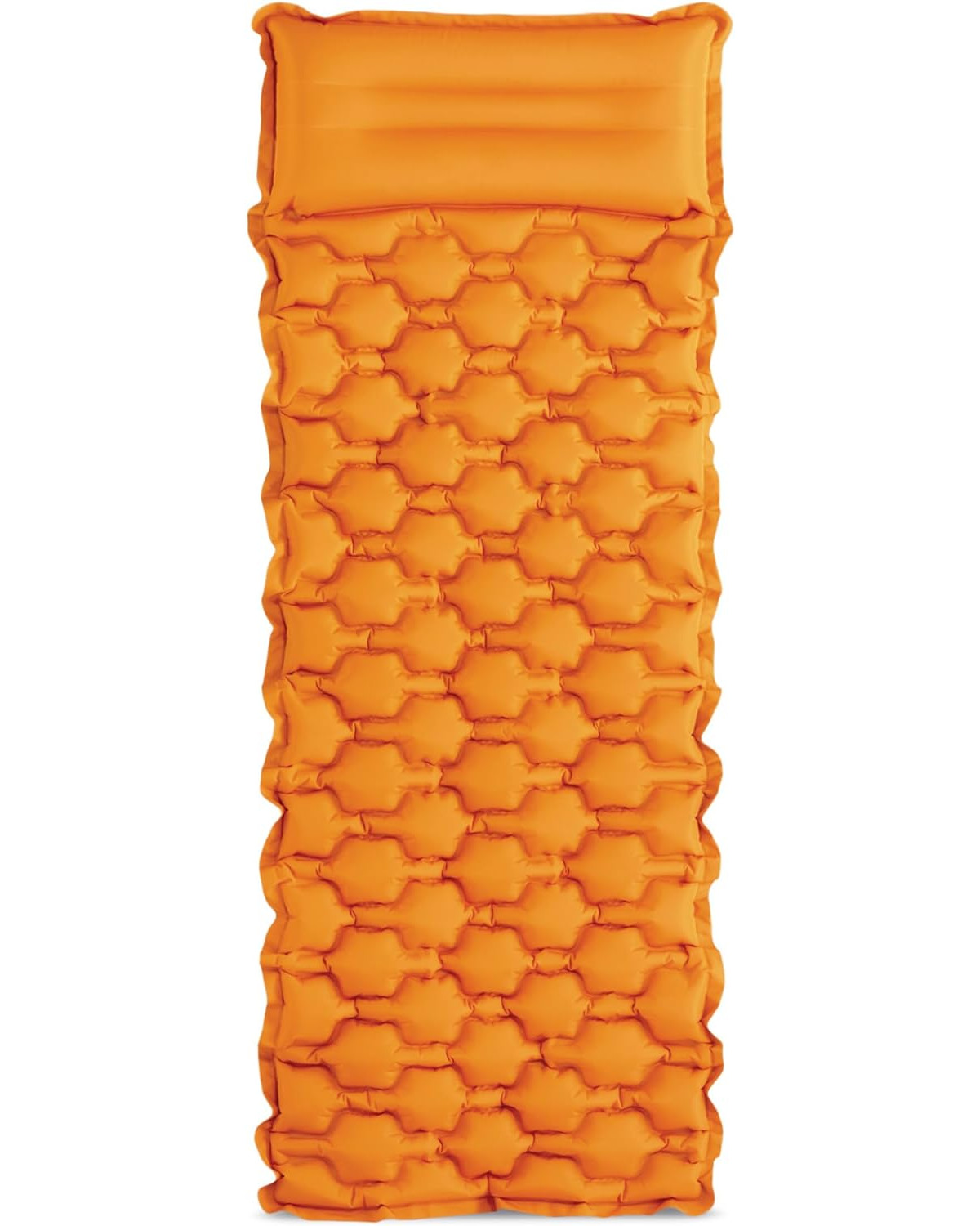 Orange aufblasbare Isomatte. Die Matte ist rechteckig mit sechseckigen Mustern und einem Kopfkissenbereich.
