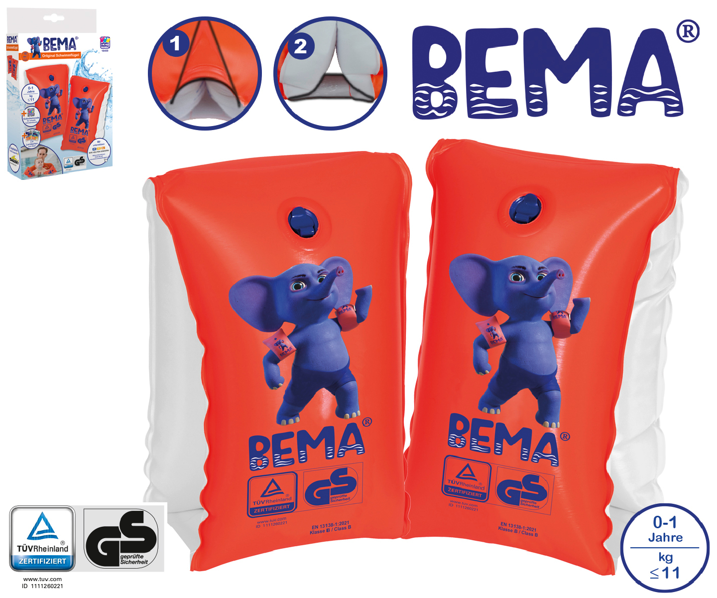 Zwei orangefarbene BEMA-Armbänder mit blauem Elefanten-Design, Schwimmhilfe für Kinder.