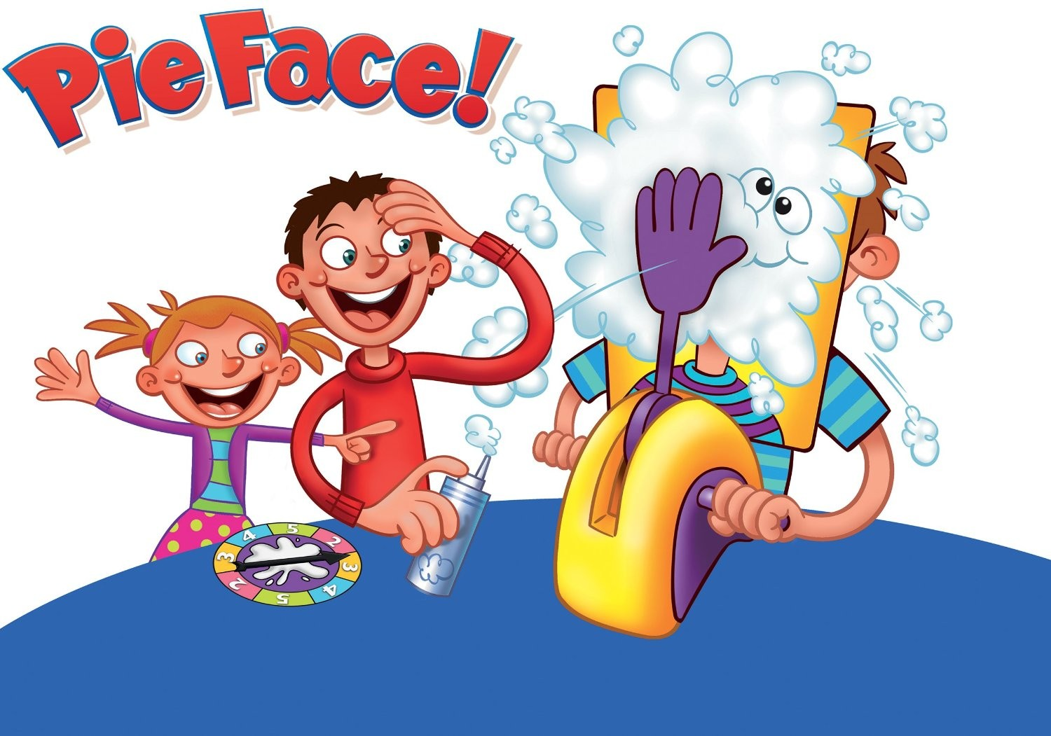 Pie Face Spiel. Cartoon-Kinder spielen, einer bekommt Sahne ins Gesicht. Weißer Hintergrund.