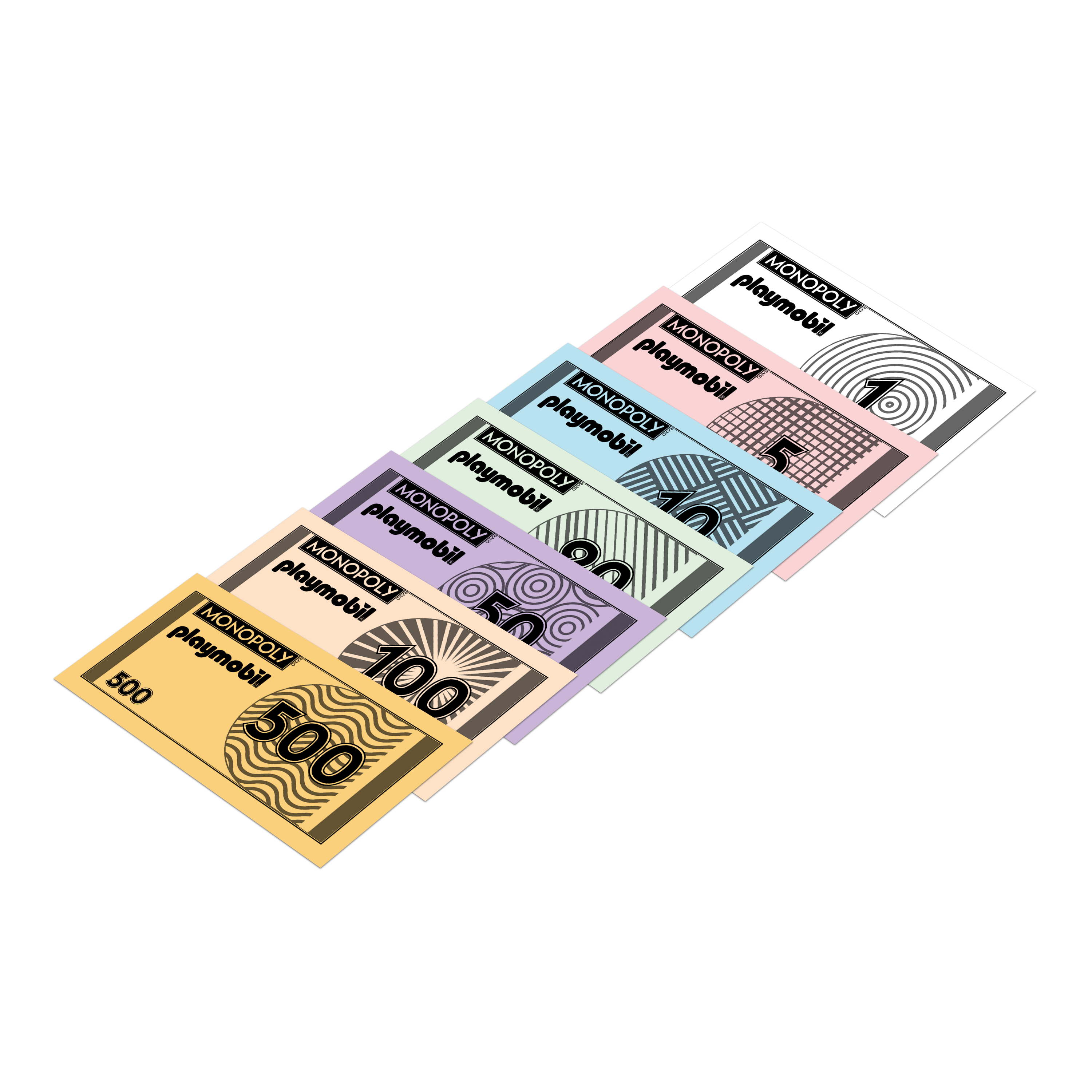 Monopoly Playmobil Geld. Verschiedene Stückelungen von Papiergeld sind auf schwarzem Hintergrund ausgebreitet.