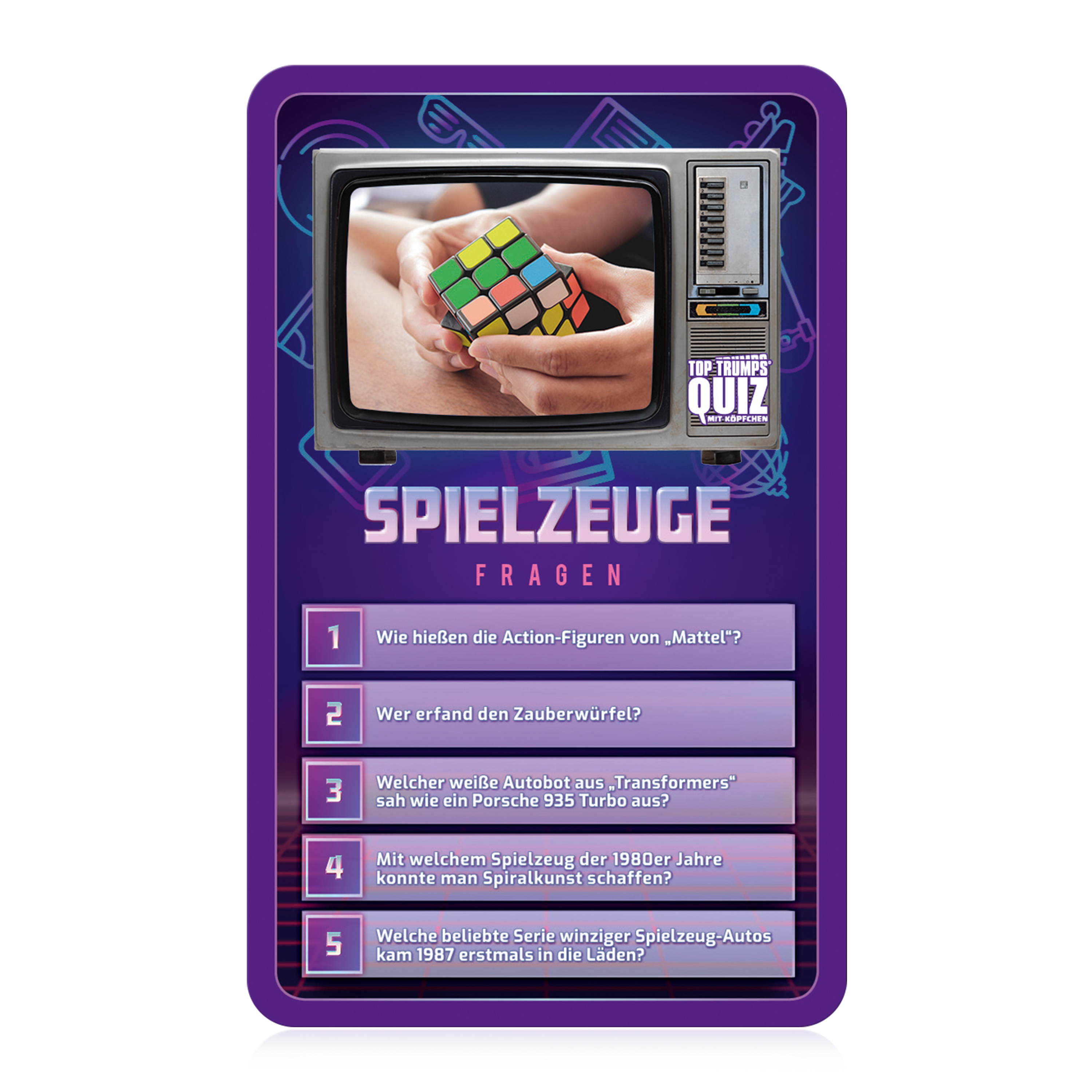 Spielkarte mit Fragen zu Spielzeug. Die Karte zeigt einen Zauberwürfel auf einem Fernsehbildschirm.