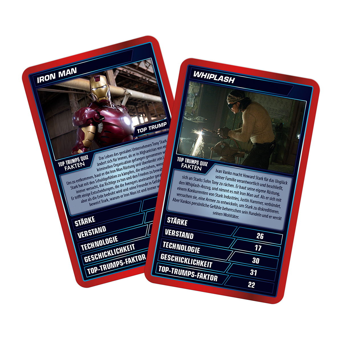 Zwei Top Trumps Karten: Iron Man und Whiplash. Weißer Hintergrund.