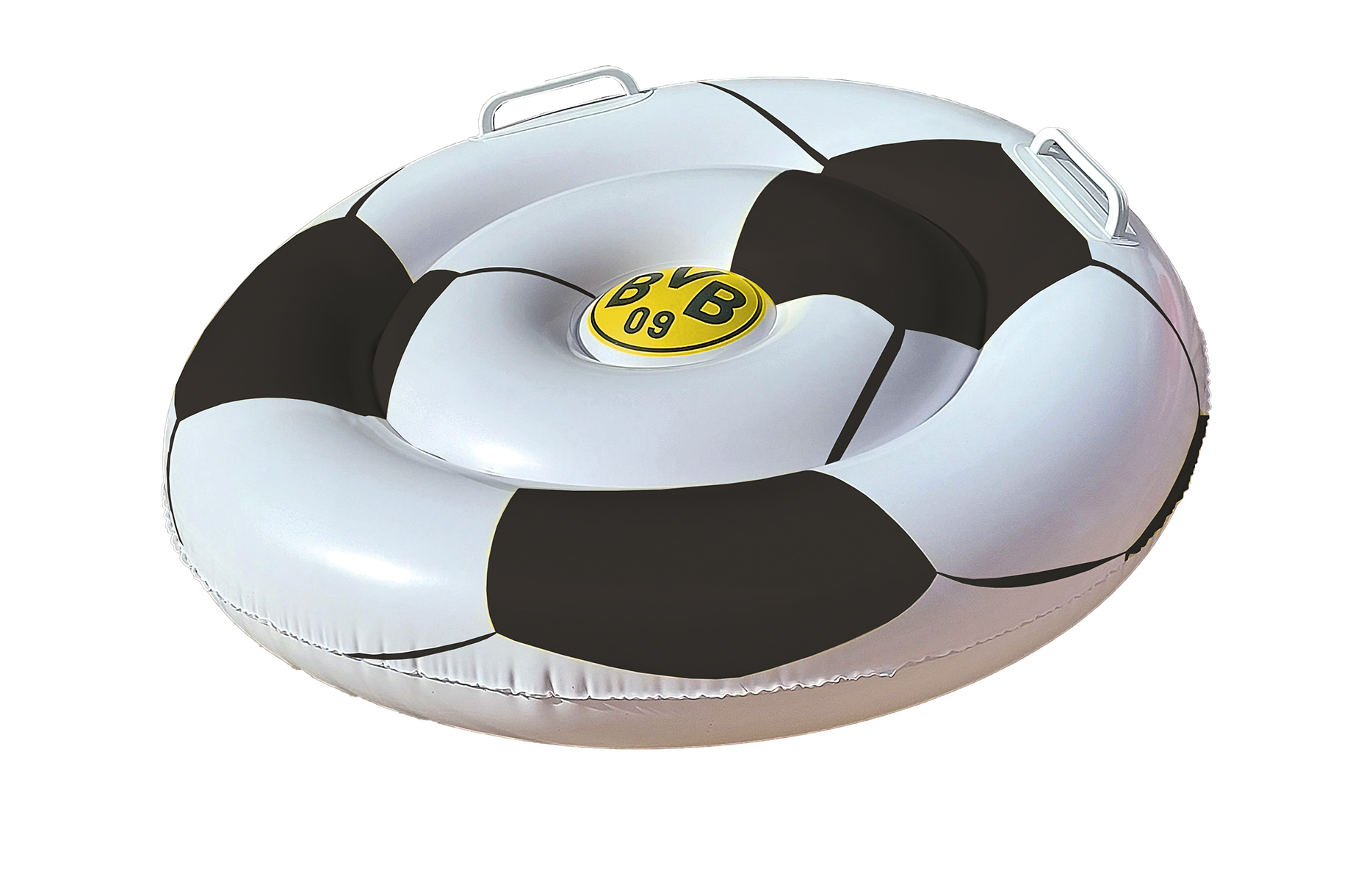 Ein aufblasbarer Ring in Form eines Fußballs, mit schwarz-weißen Paneelen. In der Mitte befindet sich ein gelbes Logo.