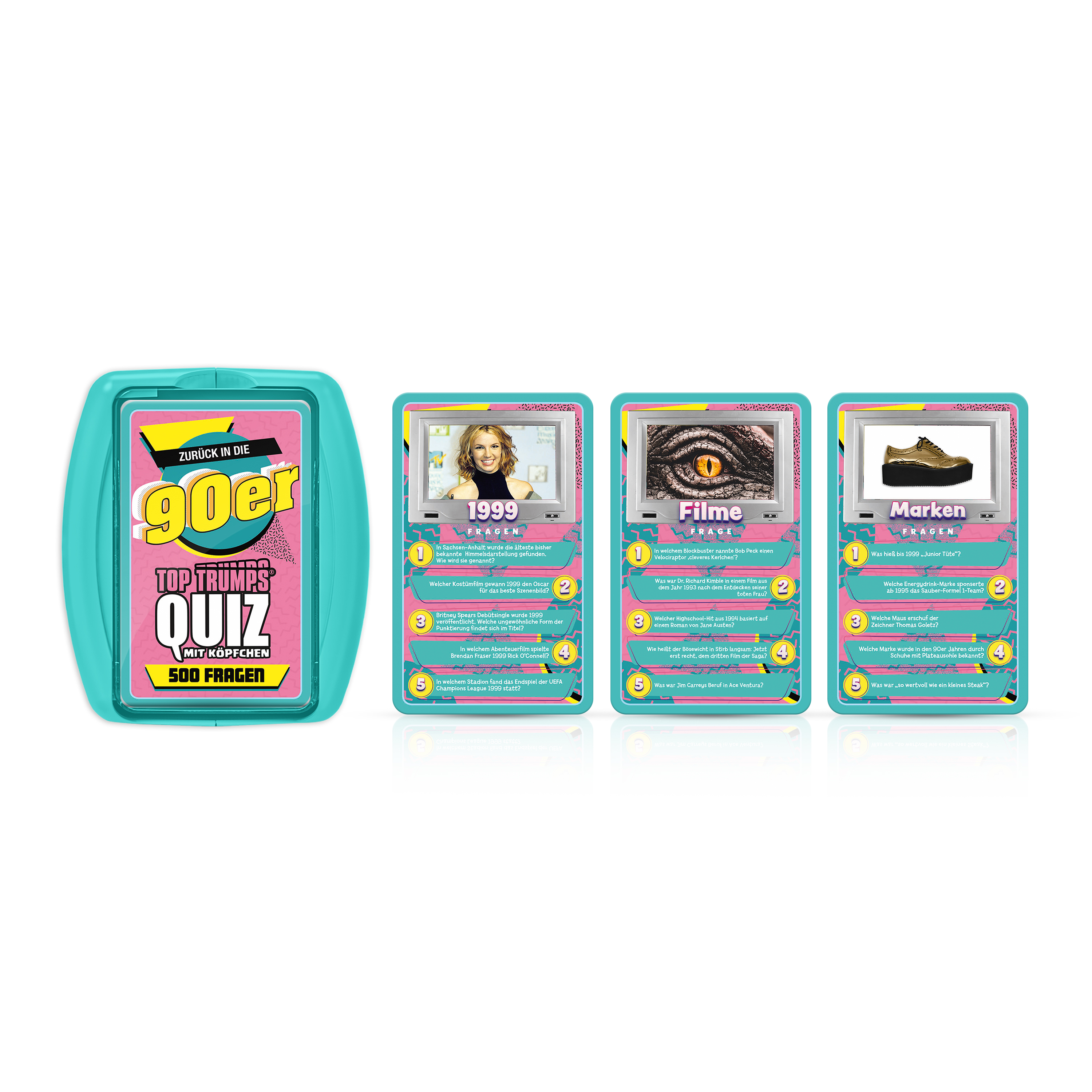 Top Trumps Quiz Kartenspielbox mit drei Karten. 1999 Filme, Marken.