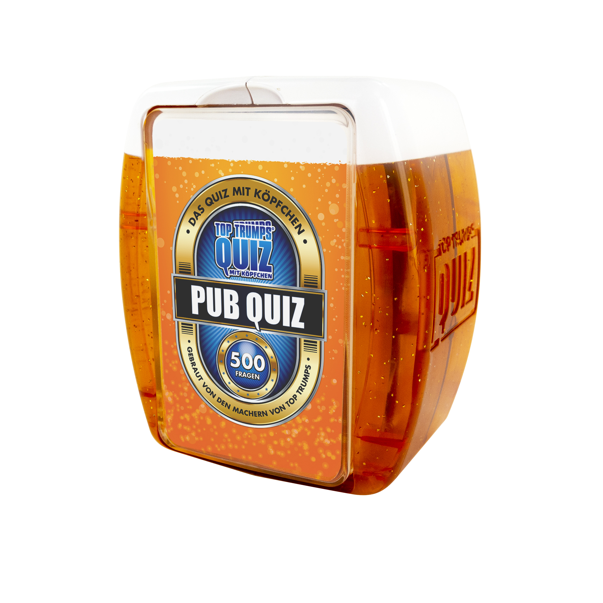Ein Pub Quiz Spiel in einem fassförmigen Behälter, der Behälter steht auf einer weißen Oberfläche.