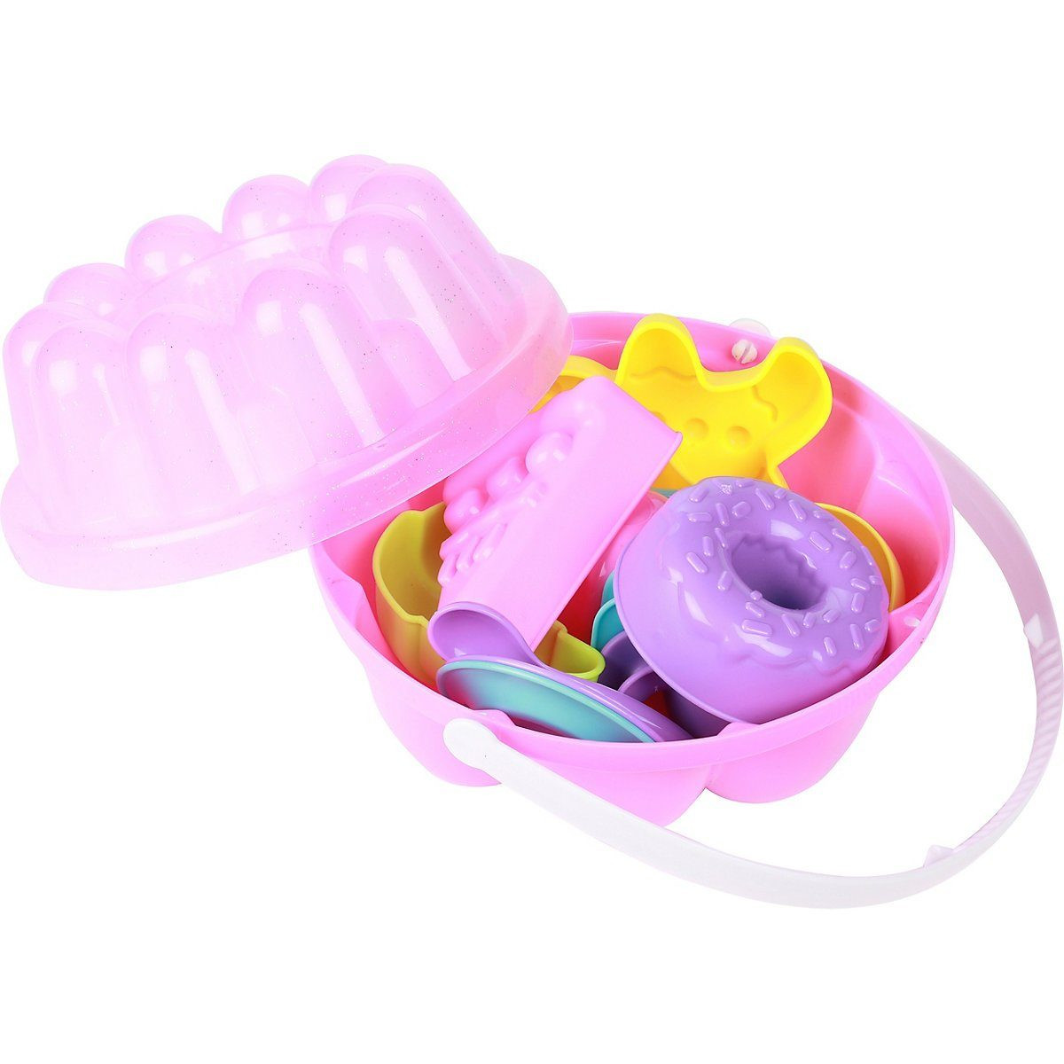 Rosa Sandspielzeug-Set. Enthält Formen und einen Griff zum Tragen.
