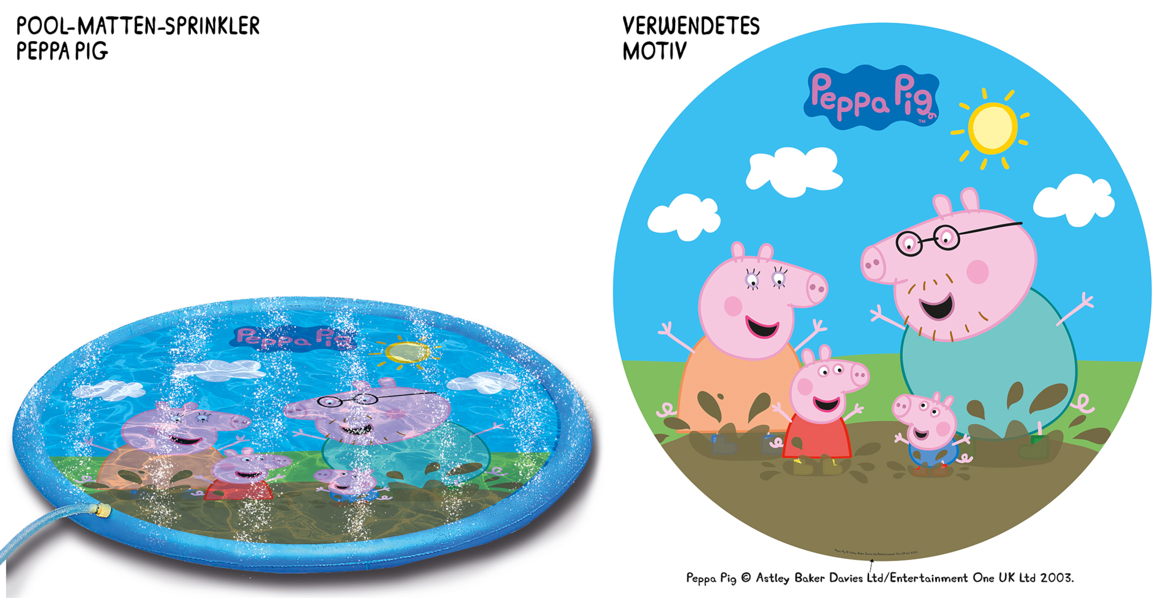Peppa Wutz Splash Pad. Zwei Bilder: rund und Nahaufnahme der Charaktere.