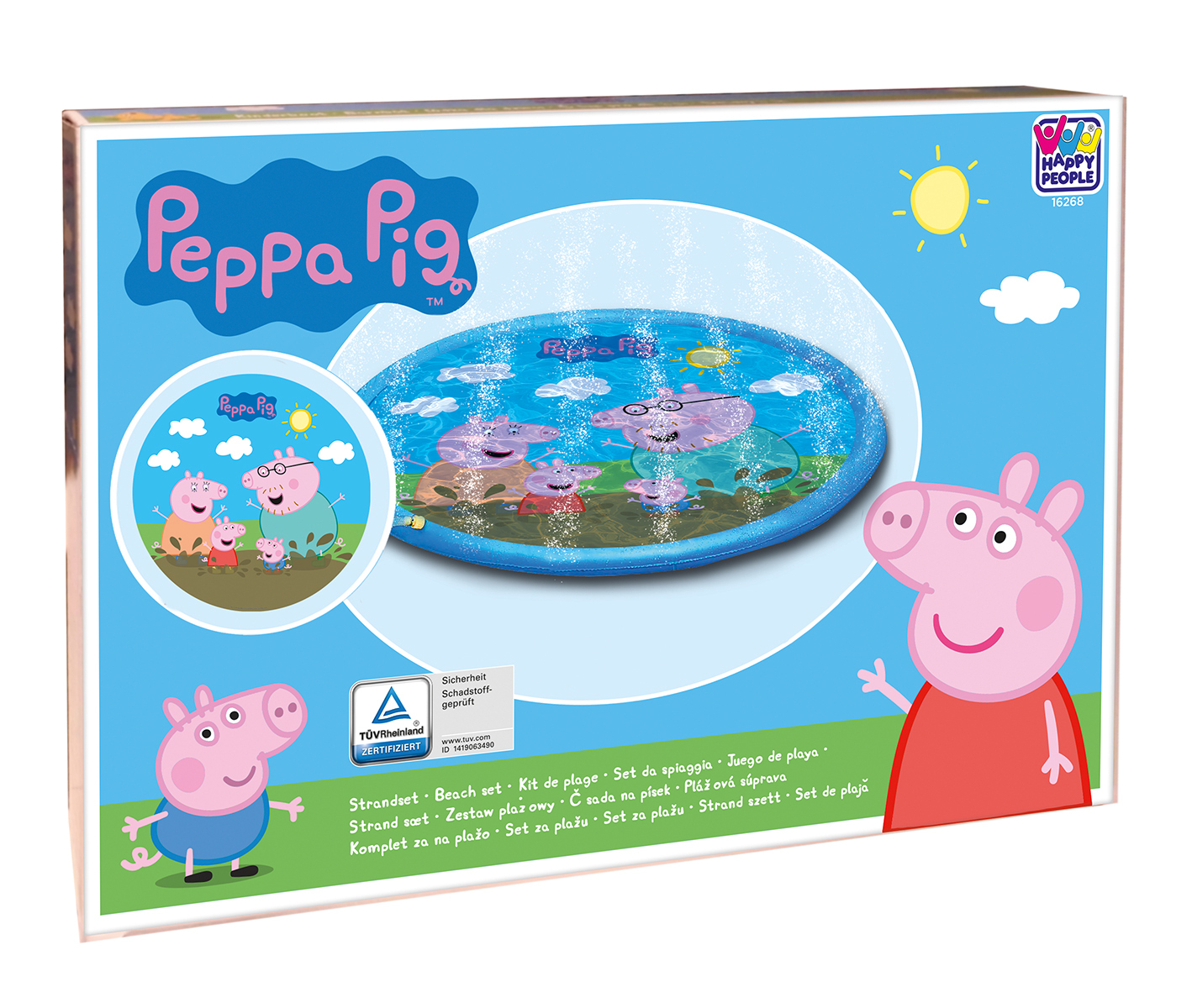 Box mit Peppa Pig Planschmatte. Figuren im Pool. Text: Peppa Pig, Happy People und mehr.