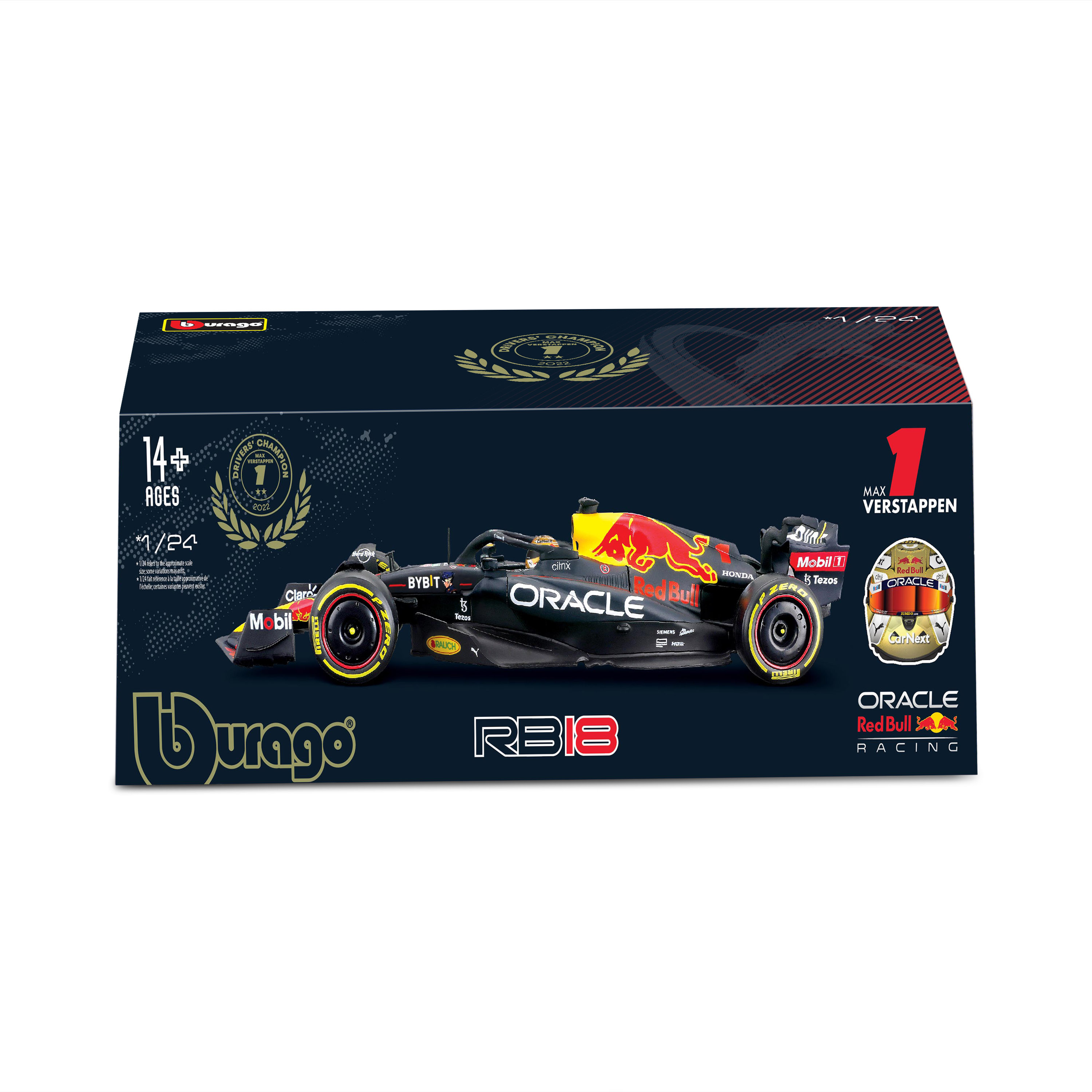 Ein Modellrennauto in einer Box. Das Auto ist schwarz und rot mit Sponsorenlogos.