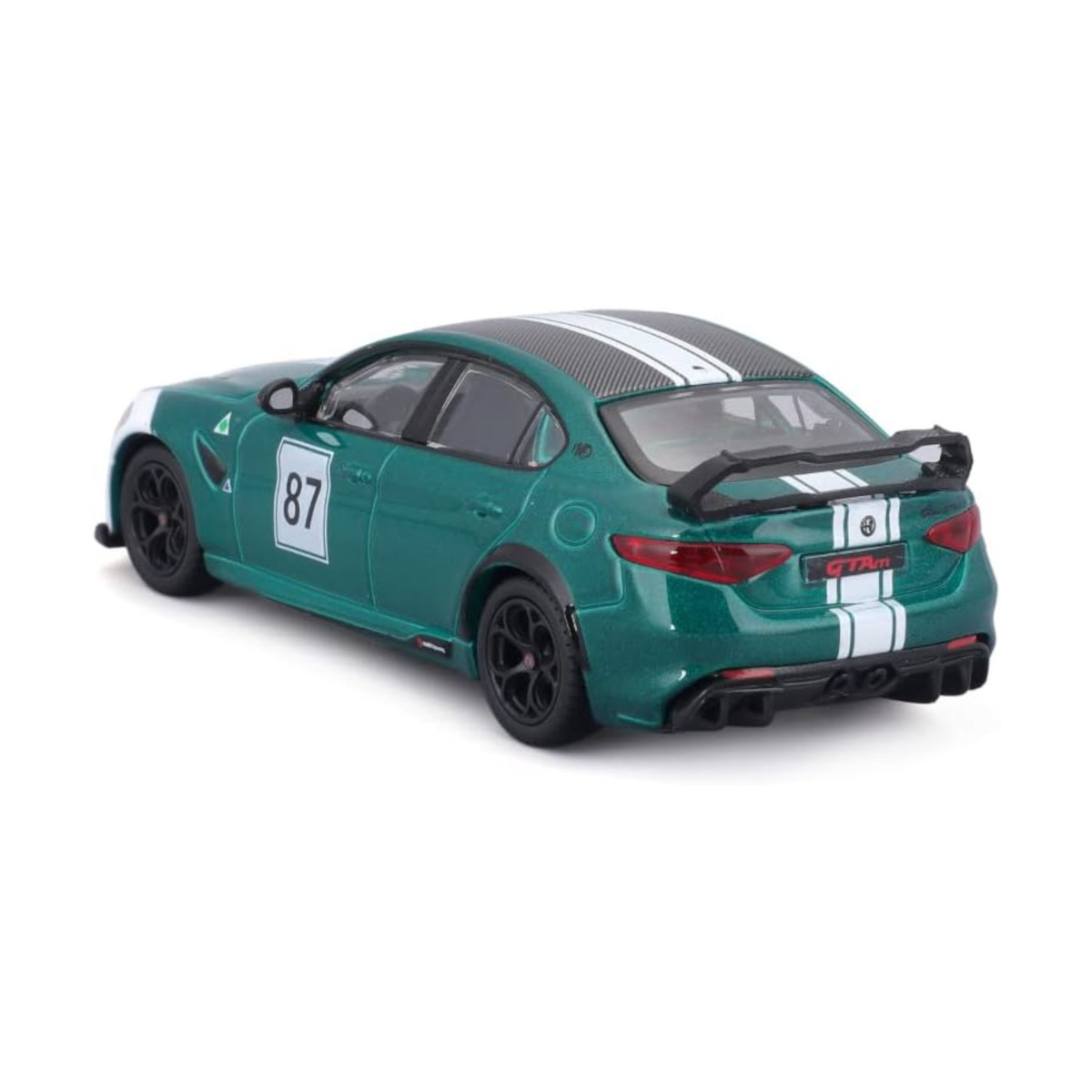 Zielony model samochodu Alfa Romeo Giulia z białymi paskami i spojlerem.