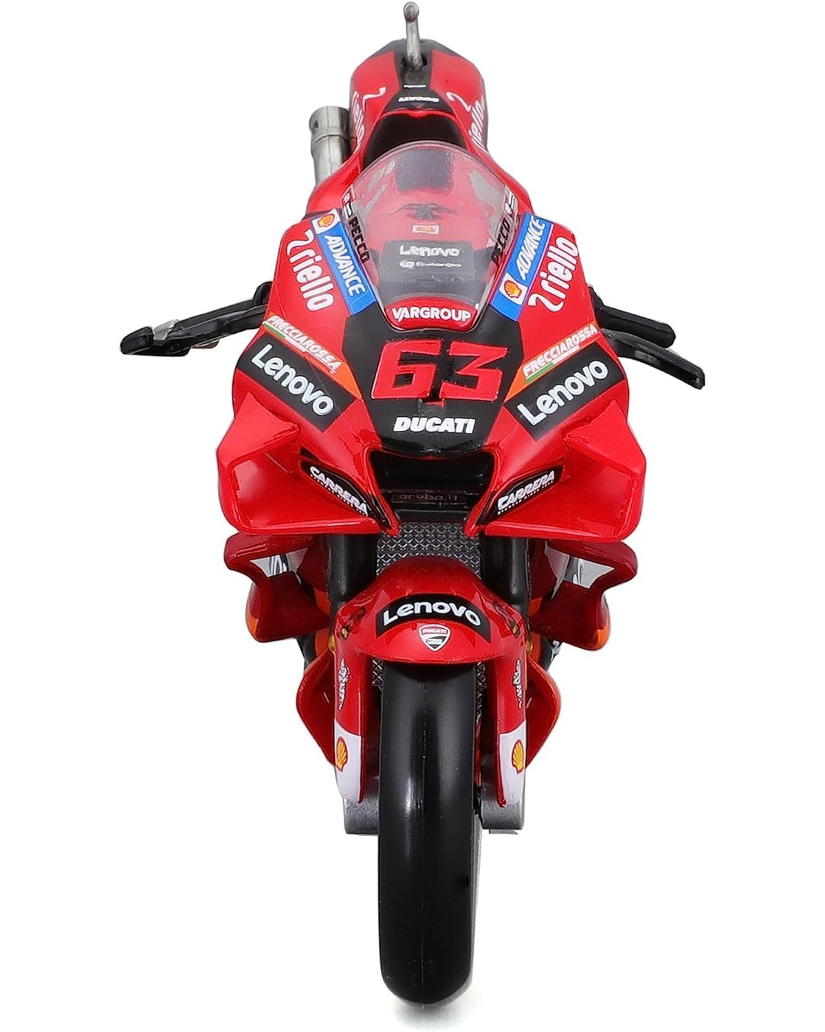 Rotes Ducati Motorrad von oben. Es hat die Nummer 63 und Sponsorenlogos, auf weißem Hintergrund.