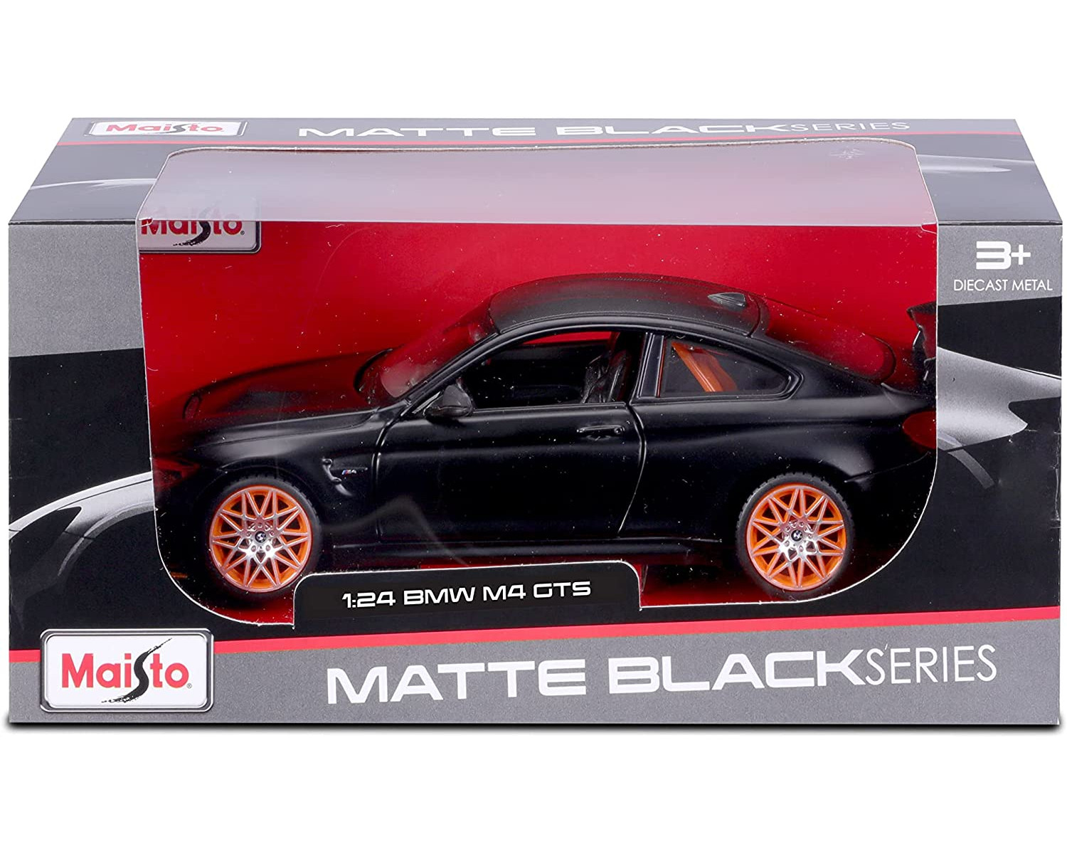 Ein Spielzeugauto in einer Box mit dem Aufdruck "Matte Black Series".