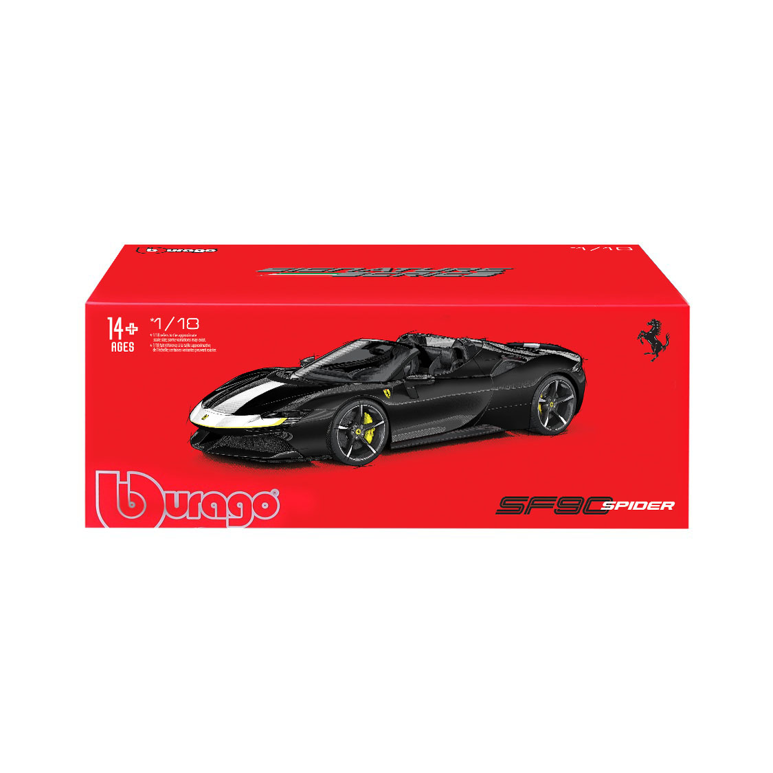 Ein schwarzes Bburago SF90 Spider Automodell in einer roten Box mit weißem Hintergrund.