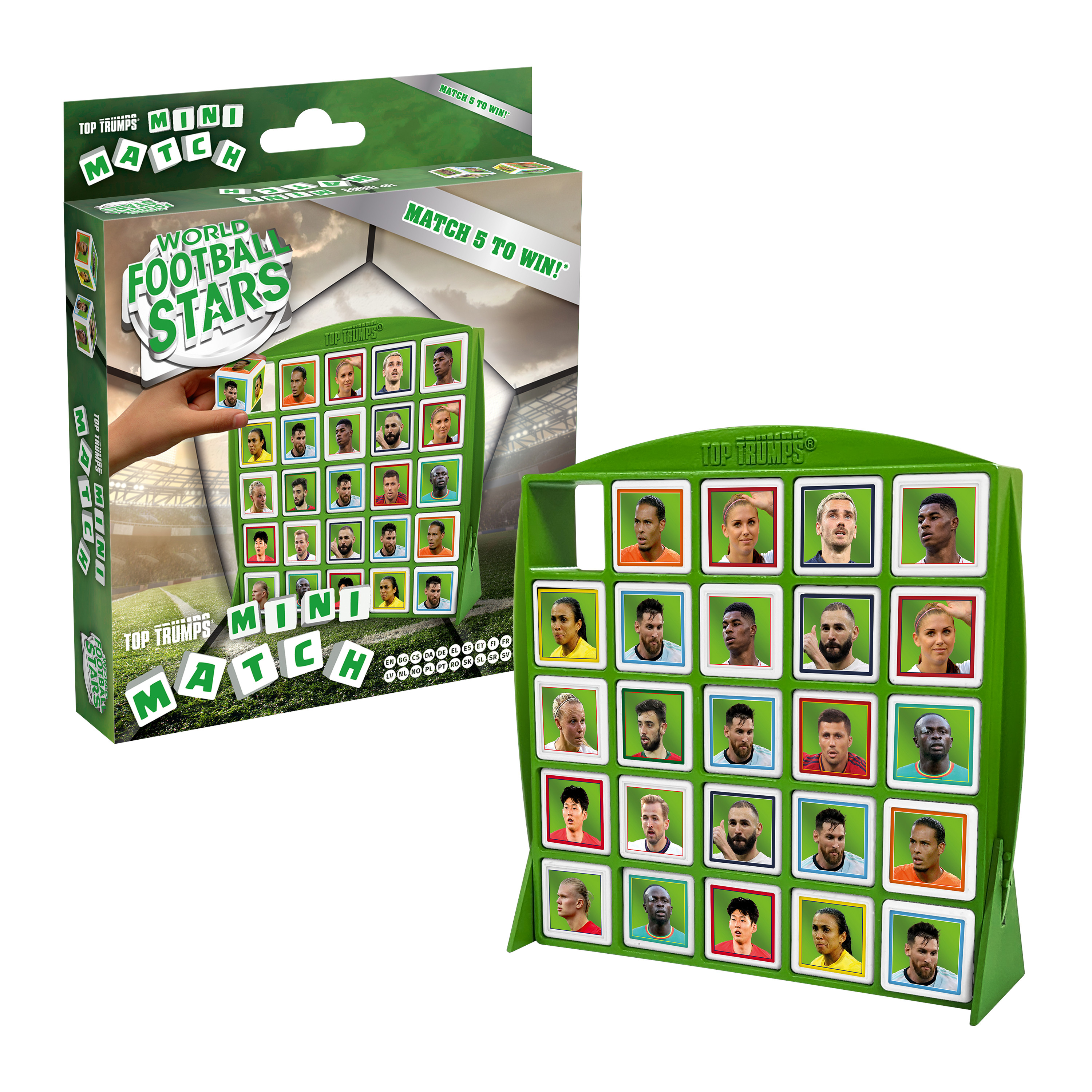 Mini-Match-Spiel mit Fußballstars. Grüne Box und Spielbrett. Spieler auf dem Spiel. Weißer Hintergrund.