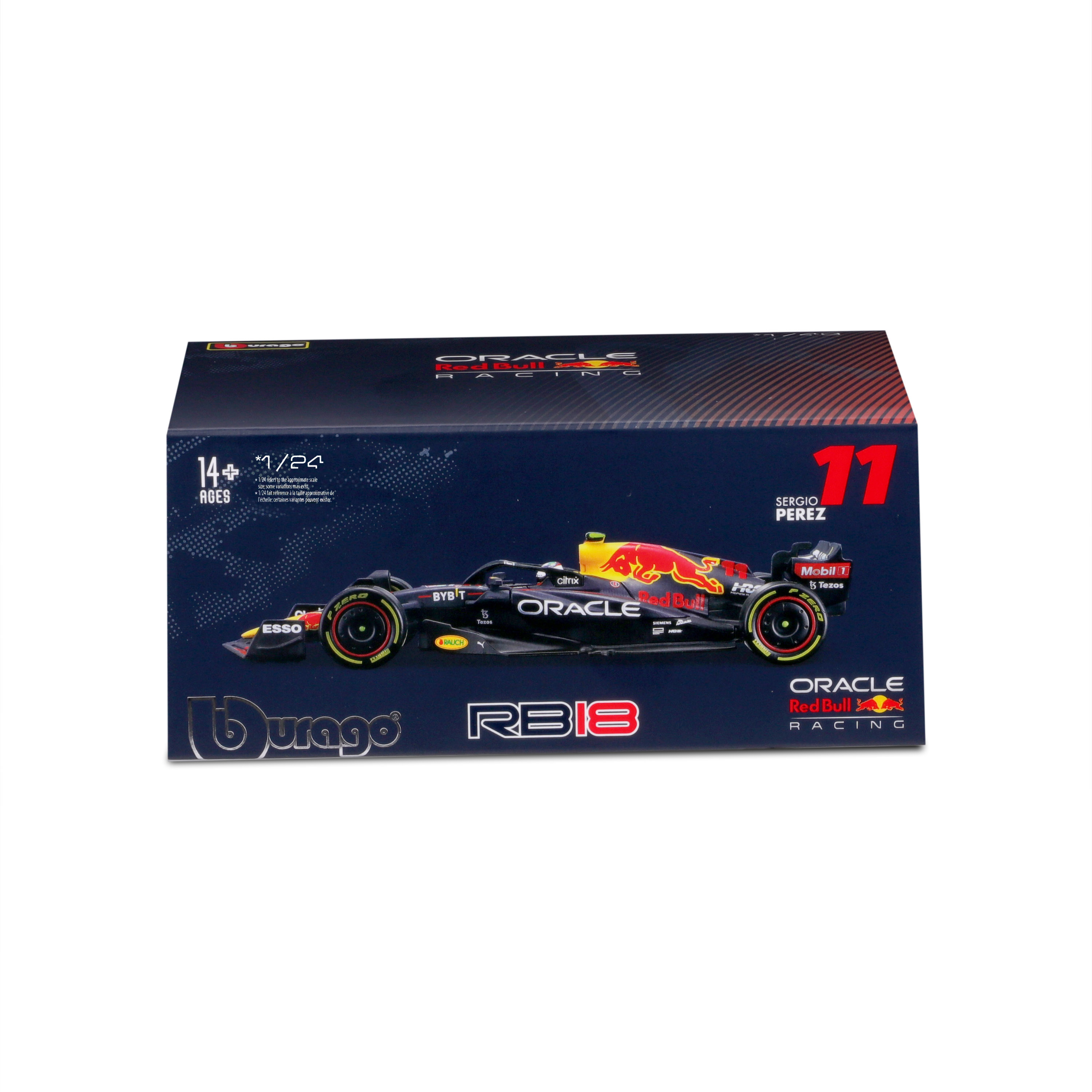 Una scatola di modellini di auto con l'immagine di un'auto di Formula 1 nera con dettagli rossi.