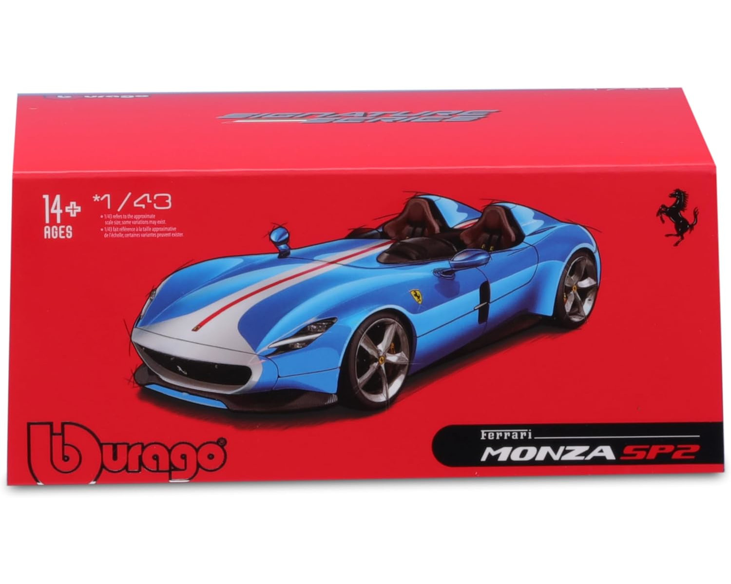 Ferrari Monza SP2 Modellauto in roter Box. Blaues Auto mit weißen Streifen, rote Box mit Text und Logos.