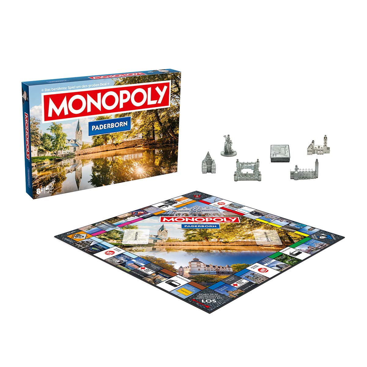 Monopoly Paderborn Brettspiel-Set. Schachtel und Spielbrett sind mit Spielfiguren sichtbar.